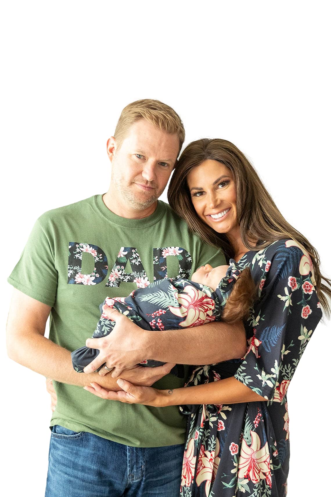 Baby Be Mine Maternity Nursing Delivery Robe & Baby Girl Swaddle Blanket Set with Daddy T-Shirt (Small/Medium Robe - Large Tshirt, Elise) | Comfortable Hospital & Home Wear for New Moms, Soft Swaddle for Newborns, Matching Family Outfits