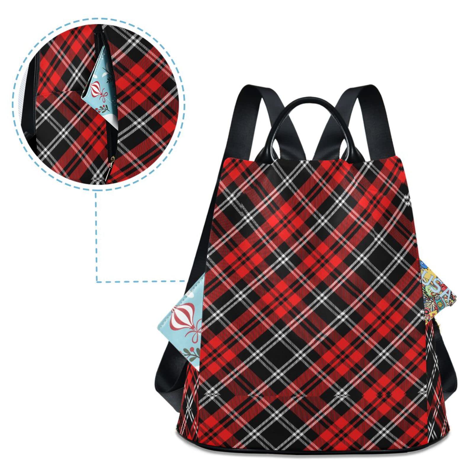 Stylish Plaid Red & Black Anti-Theft Women's Backpack - Lightweight Travel Shoulder Bag for Work, College & Daily Commute | Fashionable Ladies Rucksack with USB Charging Port