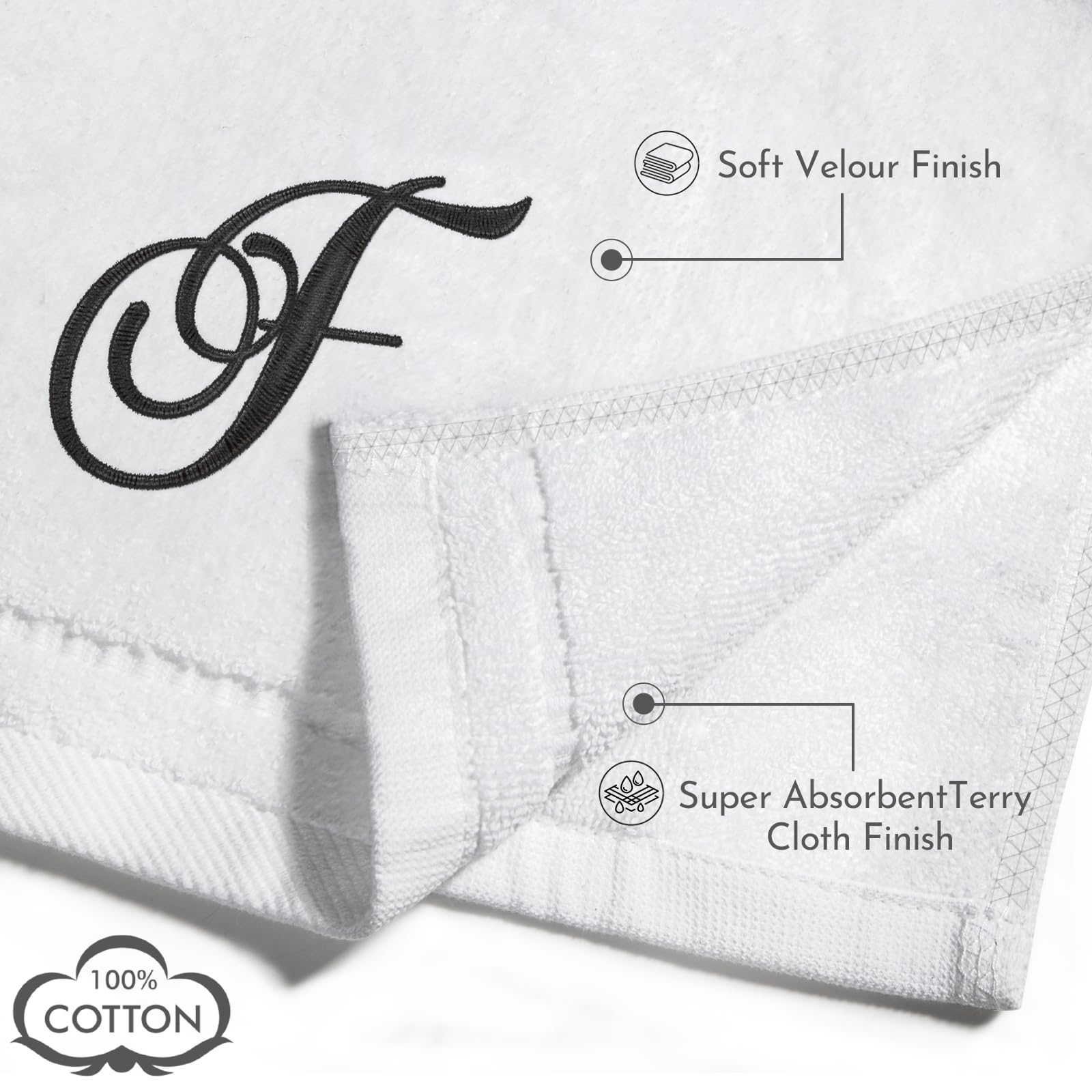 KLL Monogrammed Hand Towels Set - 100% Cotton Embroidered Bathroom Towels (11x18 Inches) - Personalized Letter Towels for Guest Bath, Powder Room & Spa - White, Initial F, Set of 2