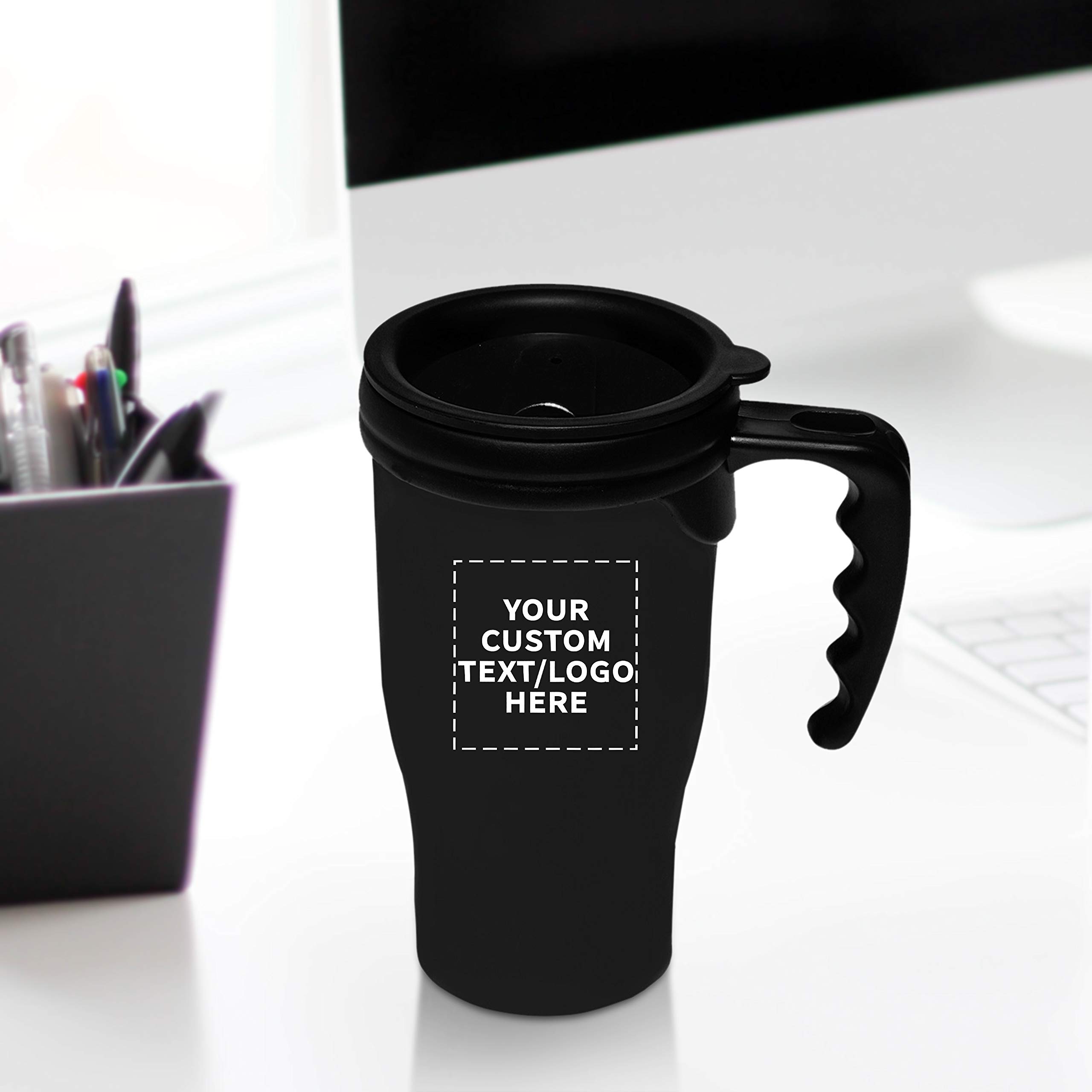 Custom 14 oz. Insulated Plastic Travel Mugs - 50 Pack with Personalized Text & Logo - Black - Perfect for Corporate Gifts, Promotional Events & Office Use