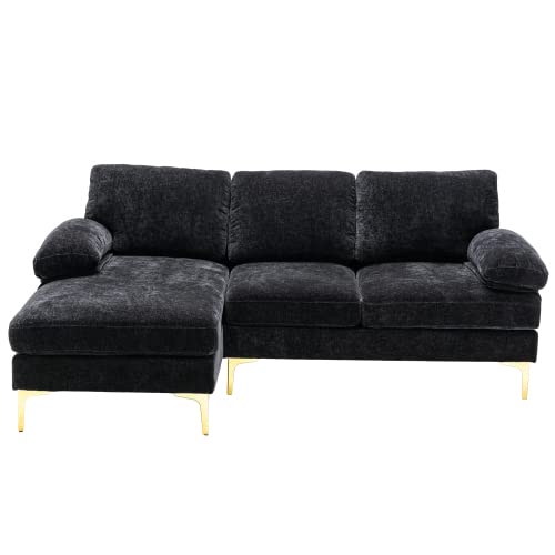 Modern L-Shaped Sectional Sofa with Chaise, Arm Pillows & Metal Legs - Sleeper Sofa for Living Room, Black | Perfect for Small Spaces, Apartments & Family Movie Nights