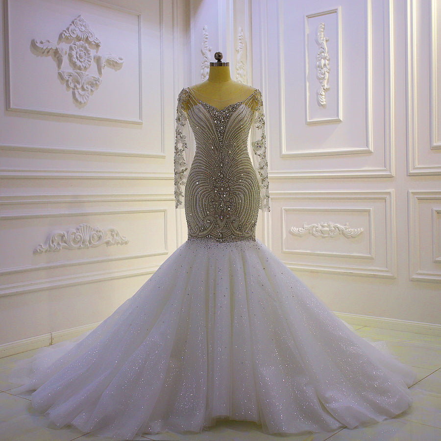 Elegant Long Sleeve Crystal Beaded Mermaid Wedding Dress AM869 - Perfect for Bridal Gowns, Evening Galas, and Formal Occasions
