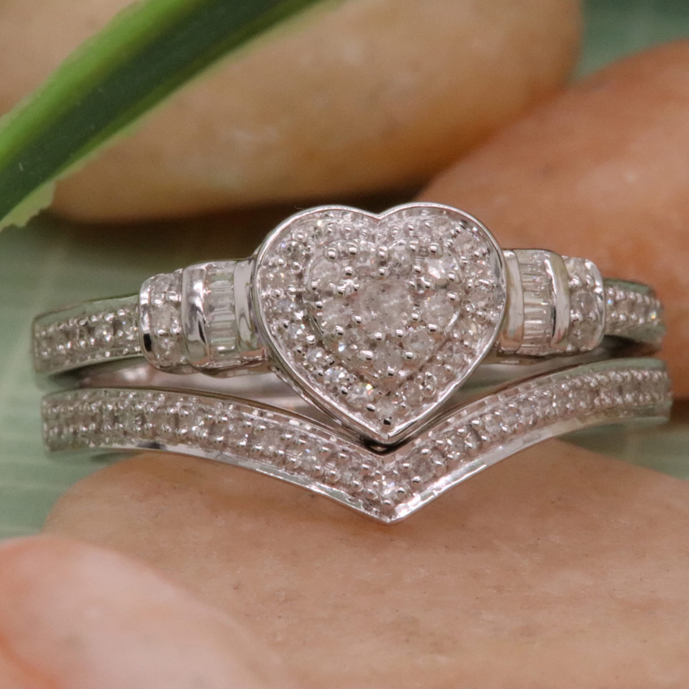 0.30 Carat Heart Shaped Diamond Engagement Ring Set - Round & Baguette Cut in 925 Sterling Silver - Dazzlingrock Collection | Perfect for Proposals, Anniversaries & Romantic Gifts