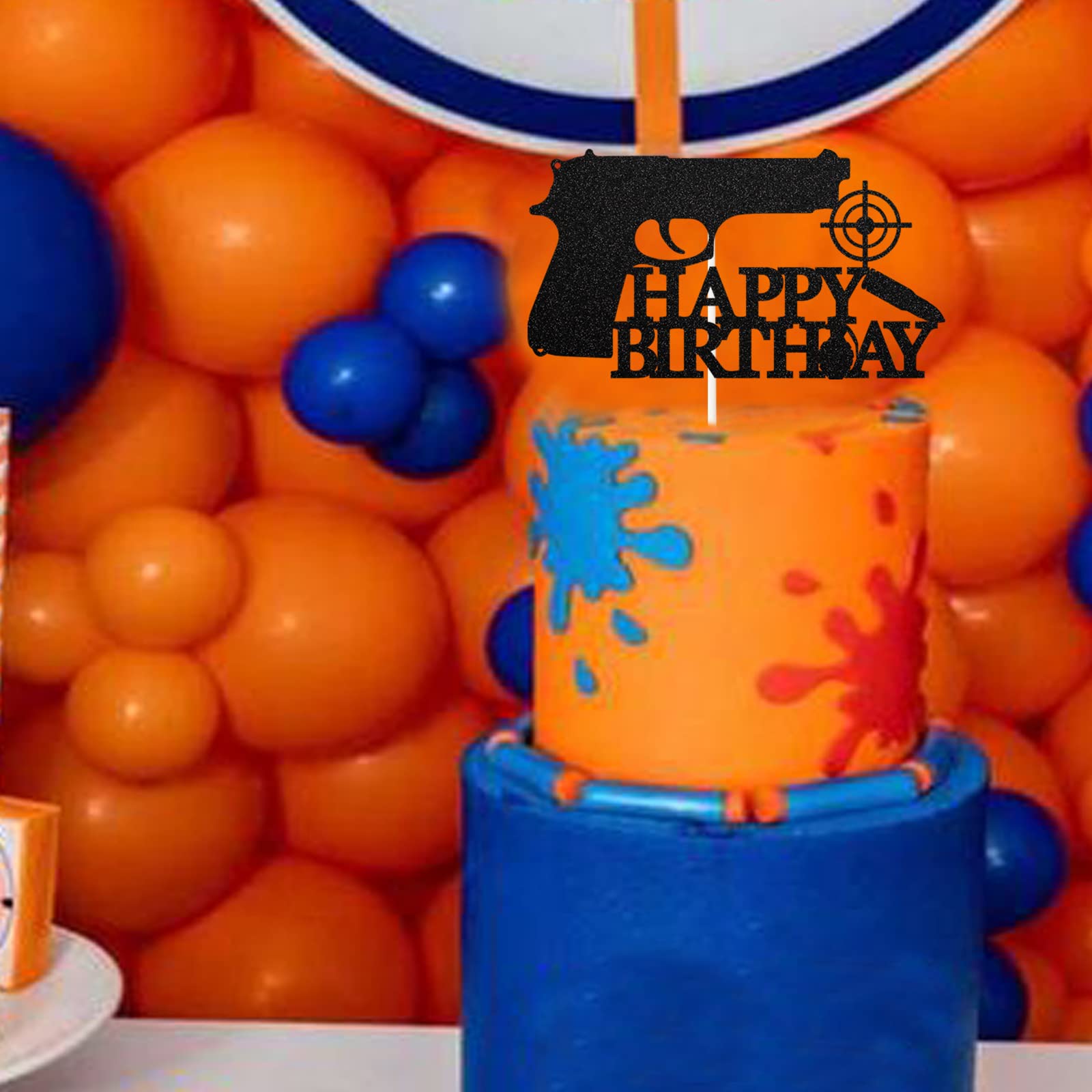 Gun Happy Birthday Cake Topper - Pistol Shaped Cake Decor for Men, Boys & Women - Black Glitter Target Sign Party Supplies | Perfect for Western, Military & Hunting Theme Birthday Celebrations