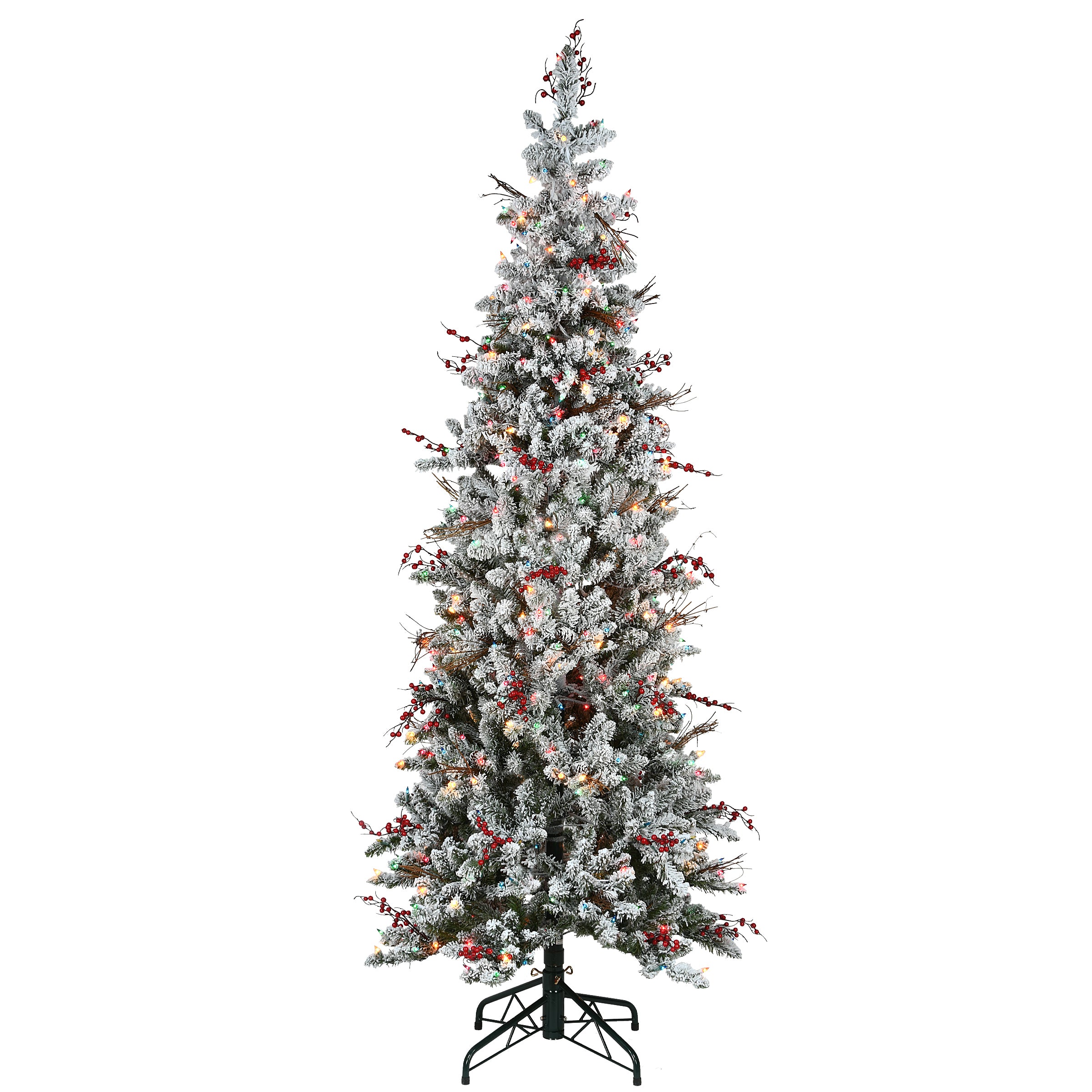 6.5 ft Pre-Lit Snowy Freehold Spruce Pencil Slim Christmas Tree with 300 Multicolor LED Lights - Perfect for Small Spaces, Apartments & Holiday Decor