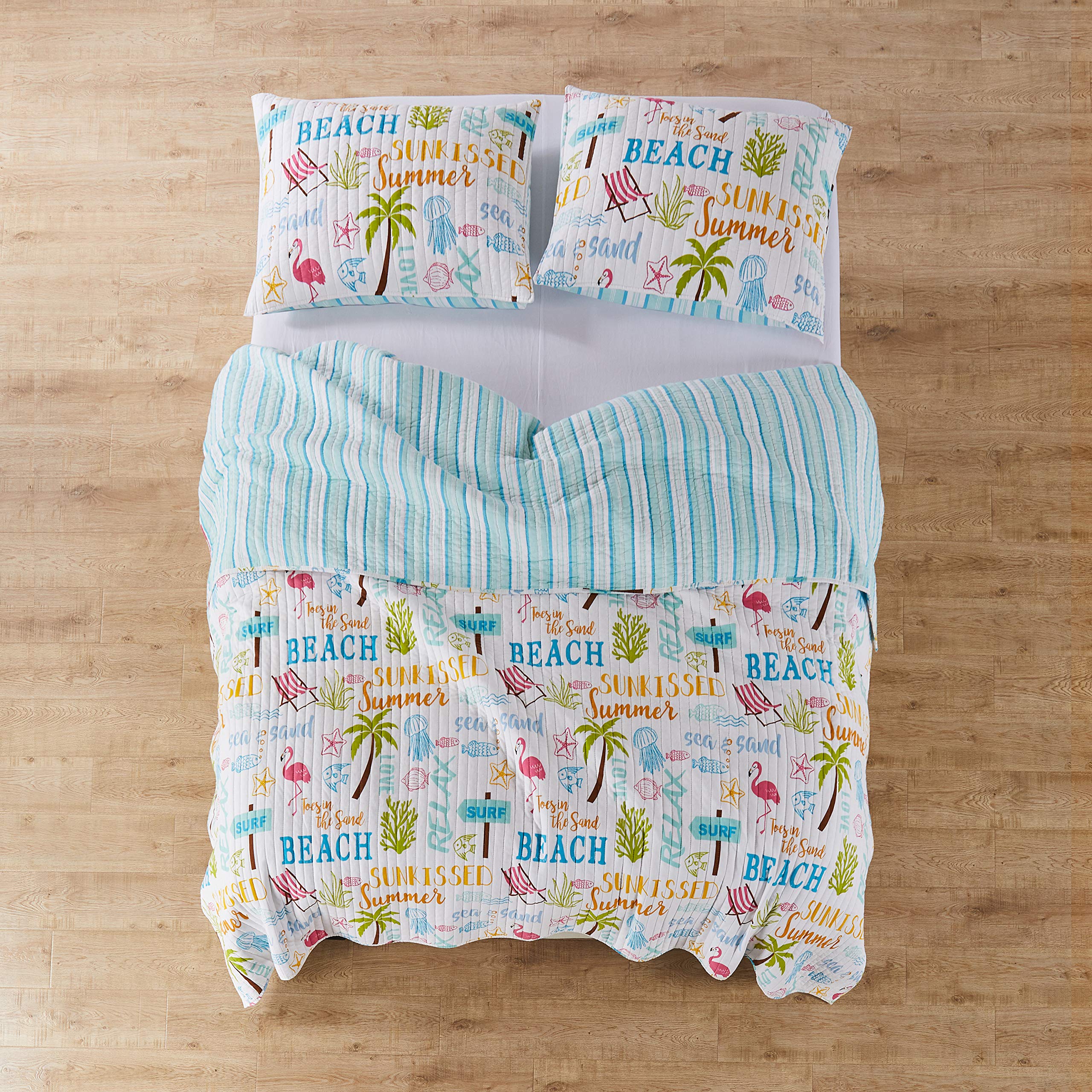Levtex Home King Size Beach Days Quilt Set - 106x92 Inch Reversible Coastal Quilt with 2 Pillow Shams (36x20in) - Teal Blue, Yellow, Green, Brown & Pink Cotton Bedding - Perfect for Beach House, Coastal Decor & Summer Bedroom Styling