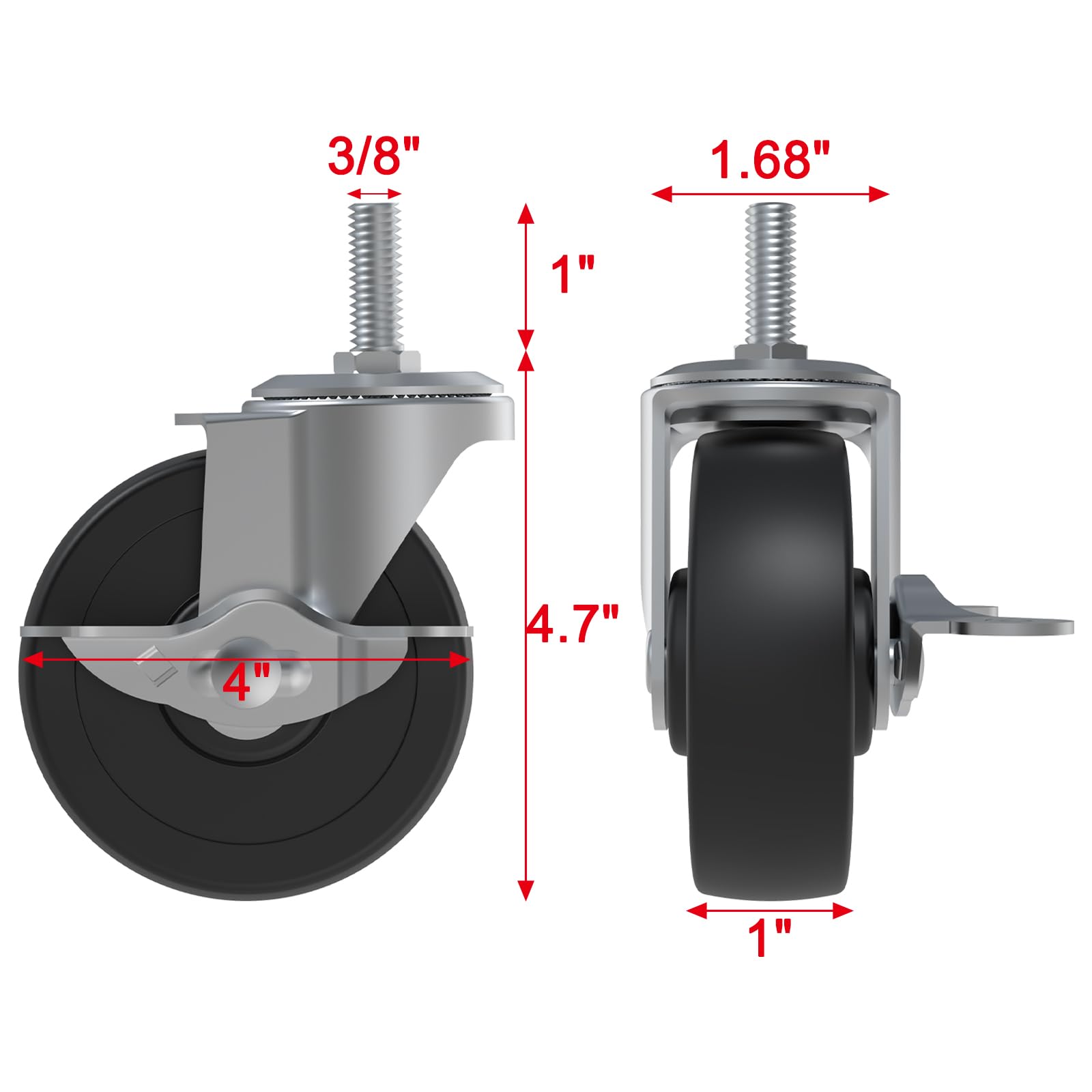4x 4 Inch Brake Threaded Stem Casters 3/8
