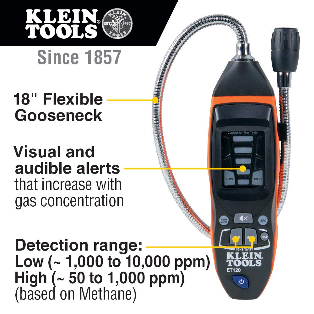 Klein Tools ET110 Digital Carbon Monoxide Meter & ET120 Combustible Gas Leak Detector - Home Safety, HVAC, Industrial Use