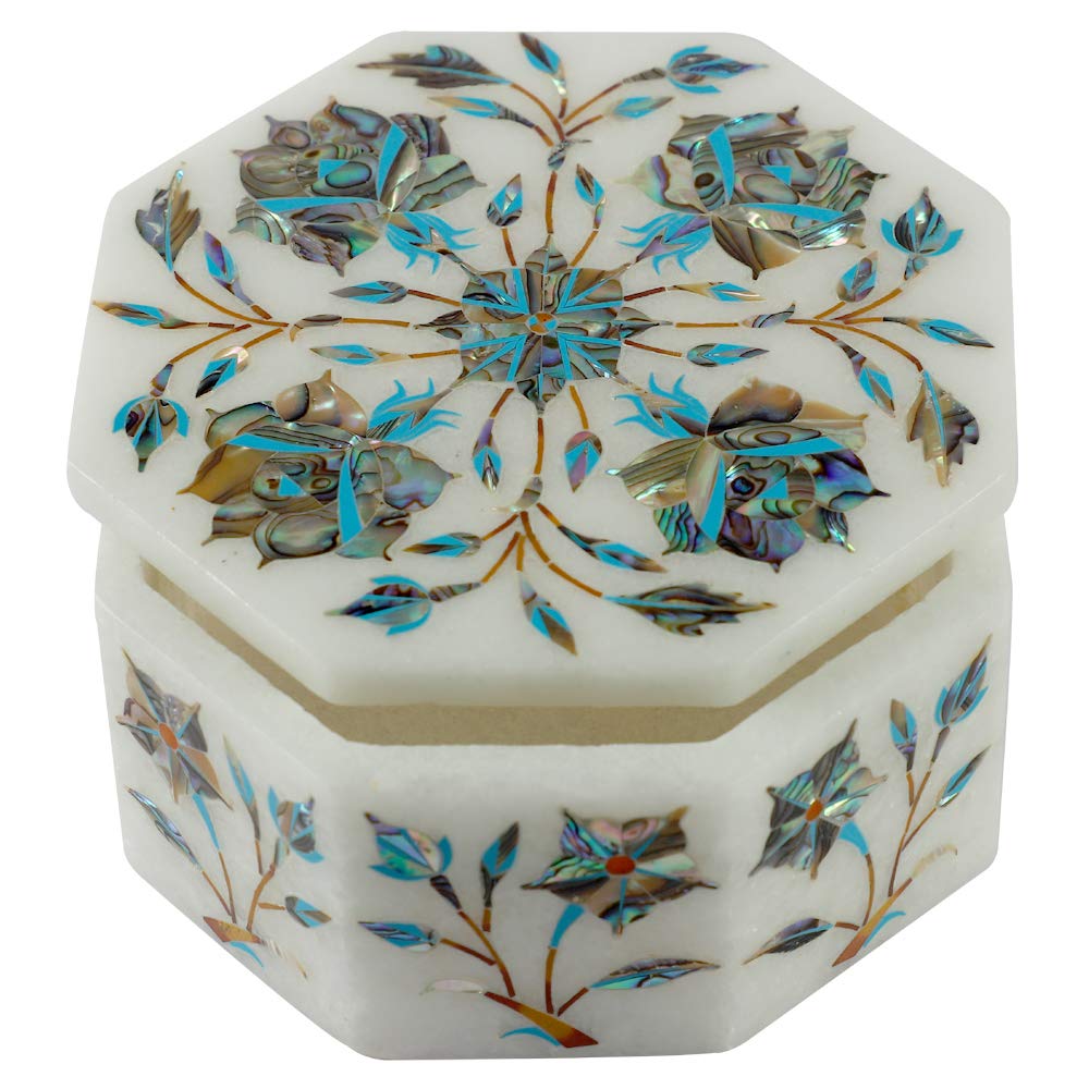 Queenza Marble Jewelry Box - Handmade Unique Jewelry Organizer for Women & Teen Girls - Floral Art Inlay with Gemstone - Octagonal Ring Box (4 Inch) - Perfect Valentine's Gift & Birthday Present for Her - Great for Dresser Top, Vanity Table, and Travel Jewelry Storage