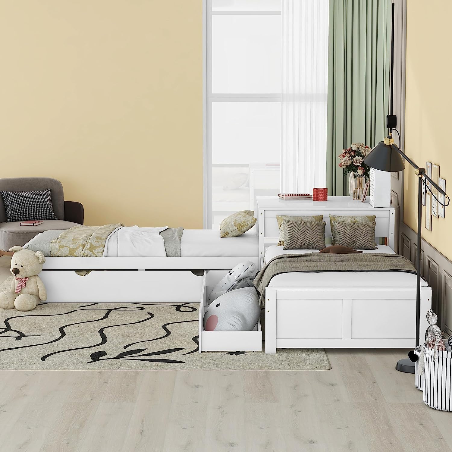 **L-Shaped Wooden Platform Bed with Trundle & Drawers - Twin Size, White - Built-in Desk & 3 Twin Beds for Kids, Teens, Boys & Girls - Perfect for Small Bedrooms, Shared Rooms & Multi-Kid Spaces**