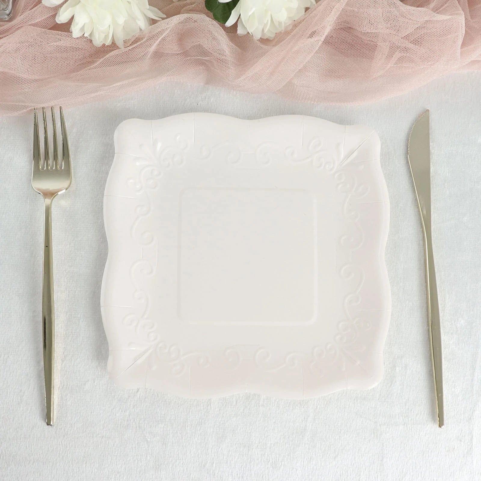 25 Pack Square Disposable Dessert Plates with Elegant Scroll Design - Perfect for Parties, Weddings, and Dinner Events