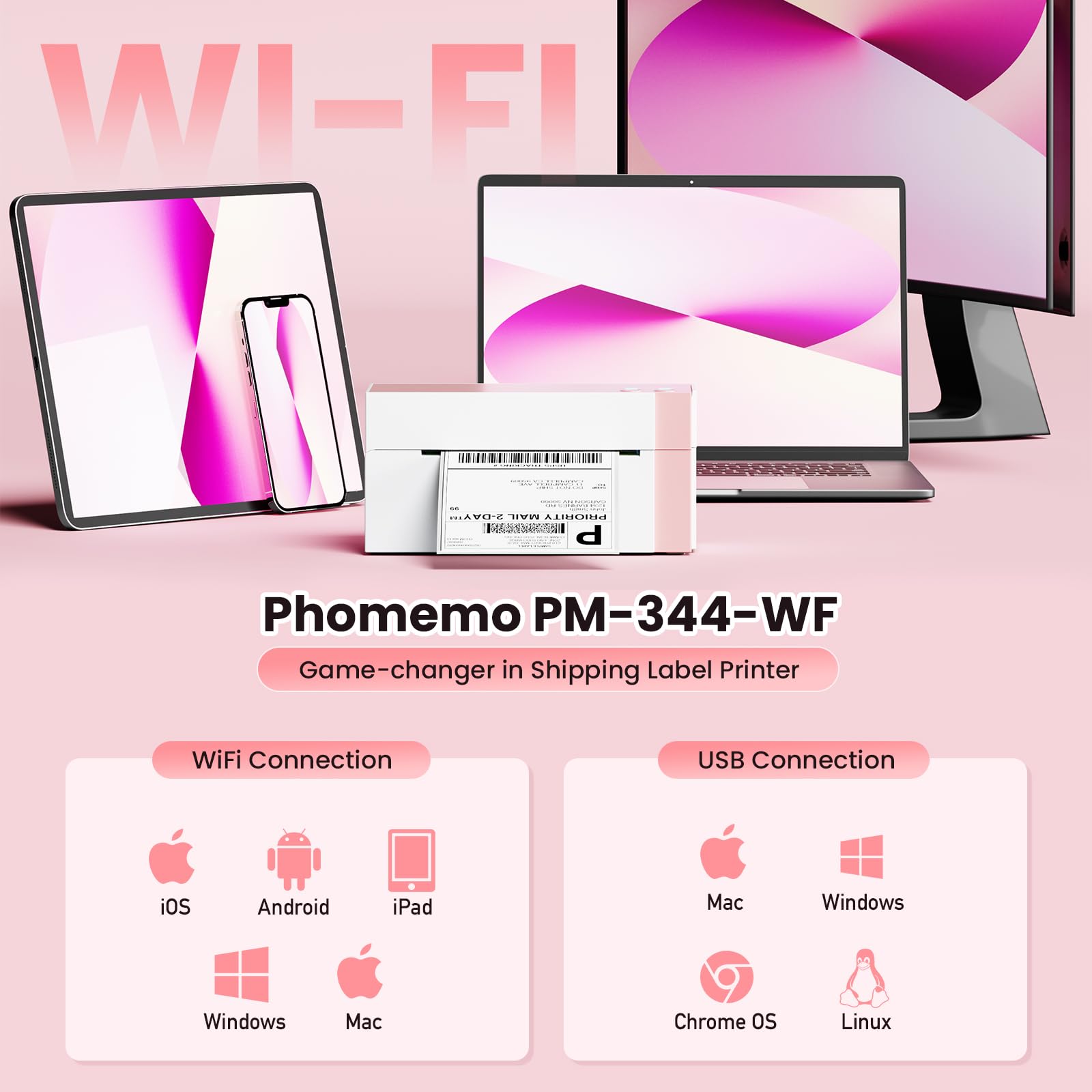 Phomemo WiFi Thermal Label Printer 4x6 - 300DPI High Resolution Wireless Shipping Label Printer for Small Business | Compatible with Shopify, USPS, Amazon, FedEx | Perfect for E-commerce, Online Stores & Package Shipping (Pink)