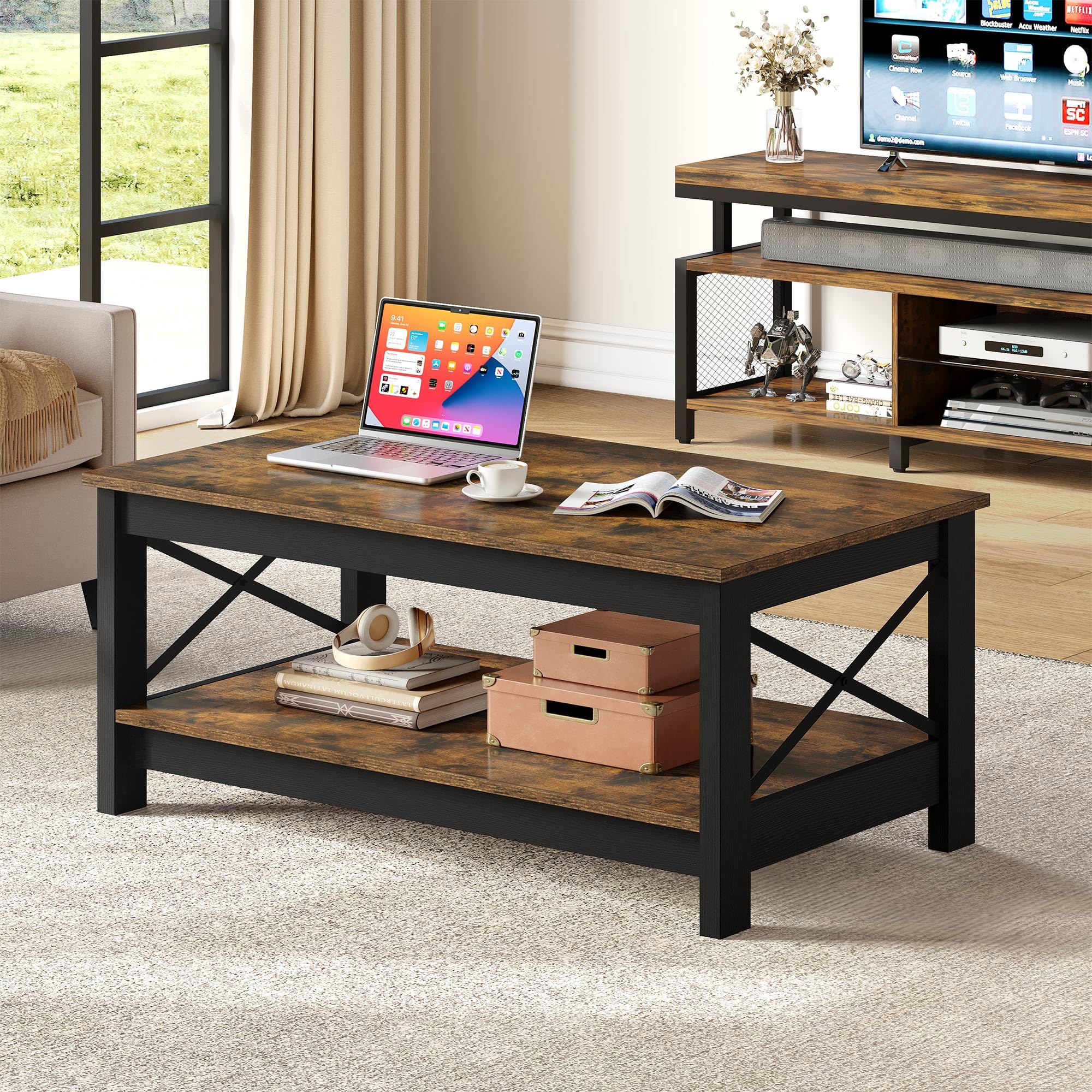 Modern Farmhouse Coffee Table with Storage - 2-Tier Wooden Living Room Center Table, Rustic Brown Accent Cocktail Table with Sturdy Frame | Perfect for Small Spaces, Farmhouse Decor & Cozy Living Rooms