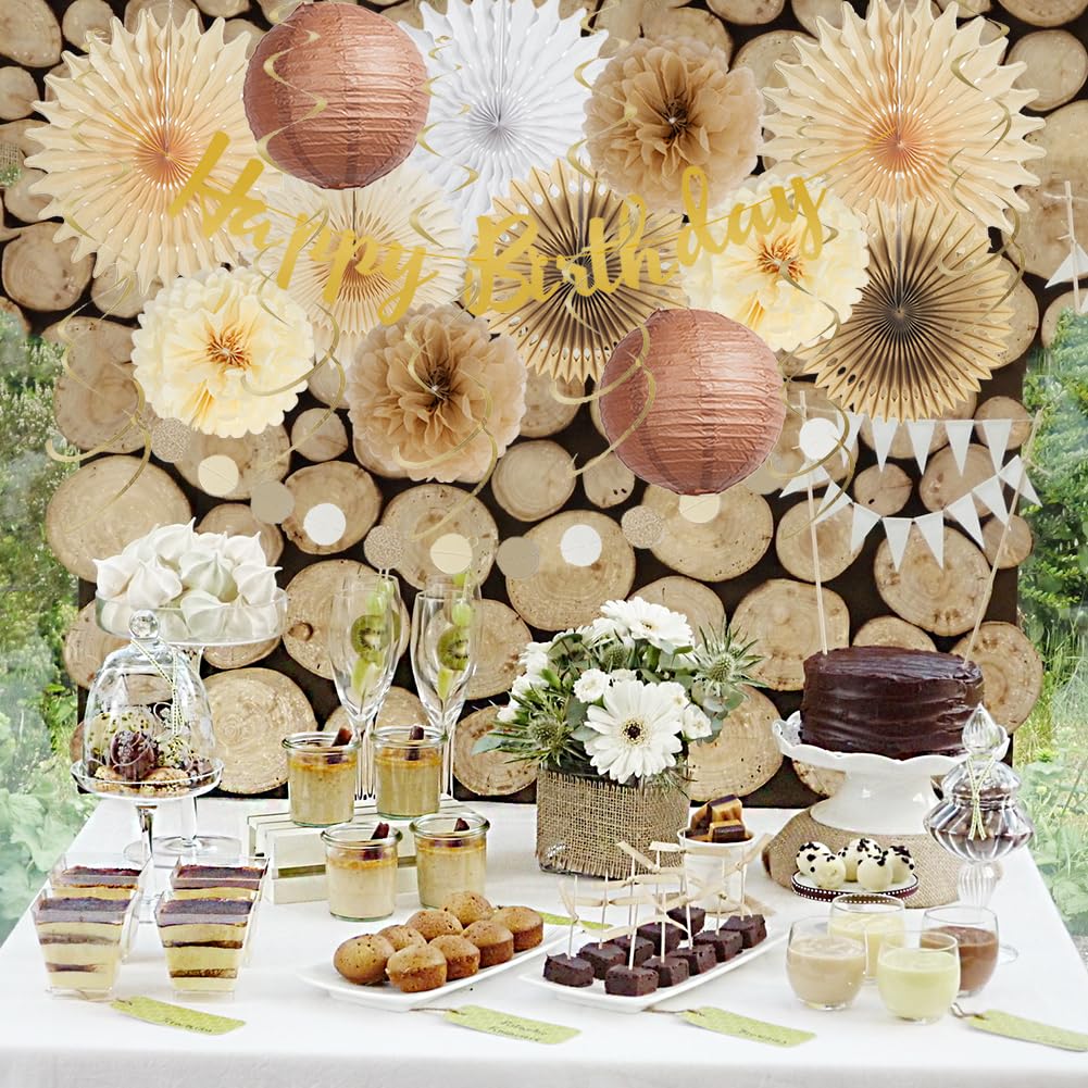 Boho Neutral Birthday Decorations - Brown Tissue Paper Fans, Cream Tan Lanterns with Happy Birthday Banner & Circle Garland - Rustic Party Decor for Women & Girls - Perfect for Birthday Parties, Baby Showers & Boho-Themed Events