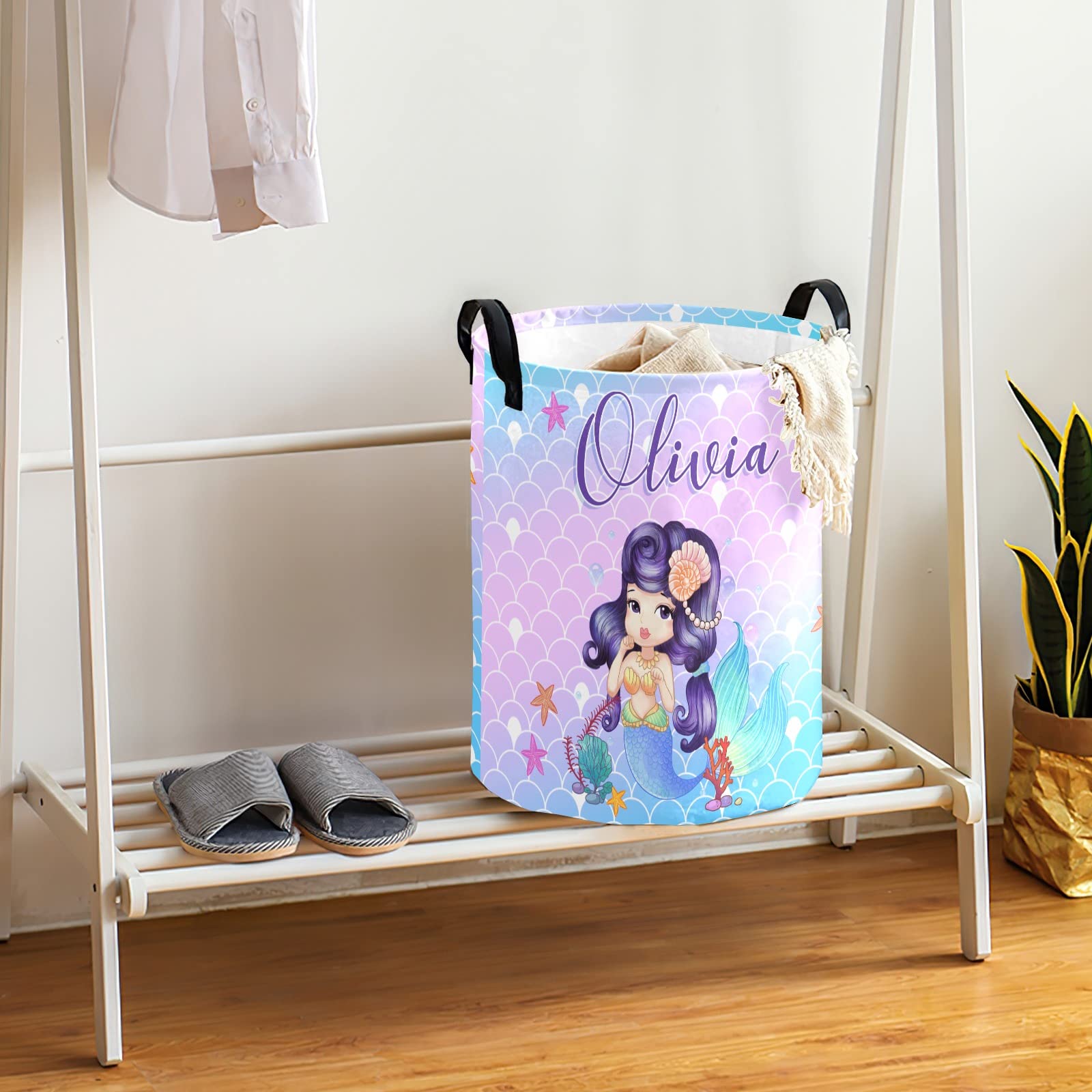 Custom Personalized Mermaid Laundry Basket for Girls with Name - Kids Baby Laundry Hamper Organizer (Style 05) - Perfect for Bedroom, Nursery, and Playroom Storage
