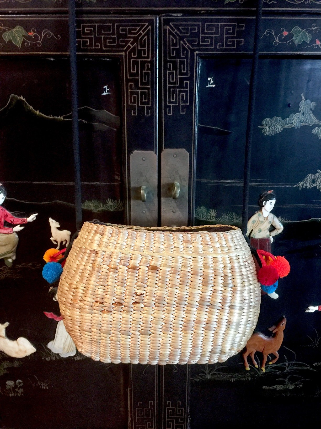 Handwoven Straw Bag with Pom Poms - Crossbody Straw Handbag, Mini Straw Tote & Beach Bag for Women | Summer Vacation, Boho Festival & Beach Outfit Accessory