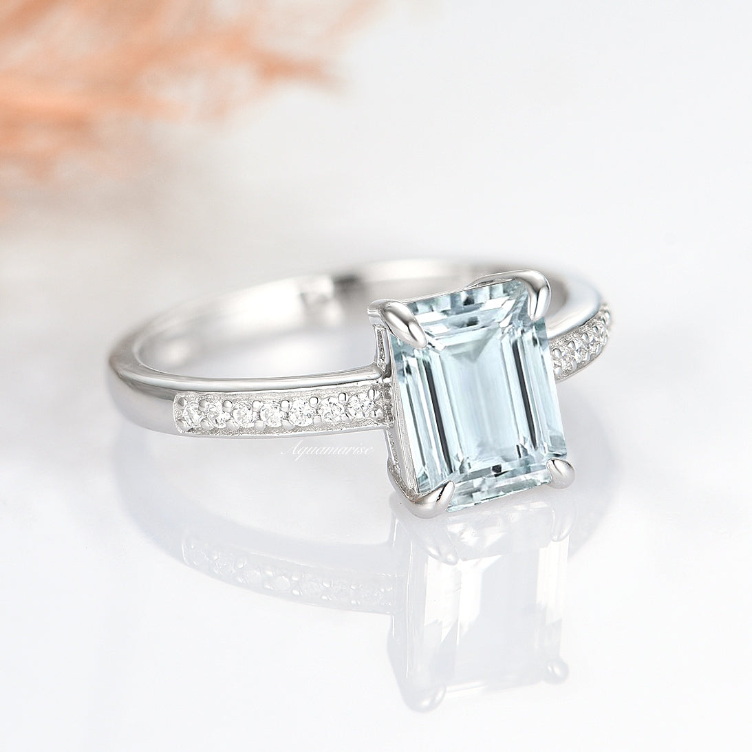 Emerald Cut Aquamarine Ring for Women - 925 Sterling Silver Wedding & Engagement Jewelry - Elegant Gift for Anniversary, Birthday & Special Occasions