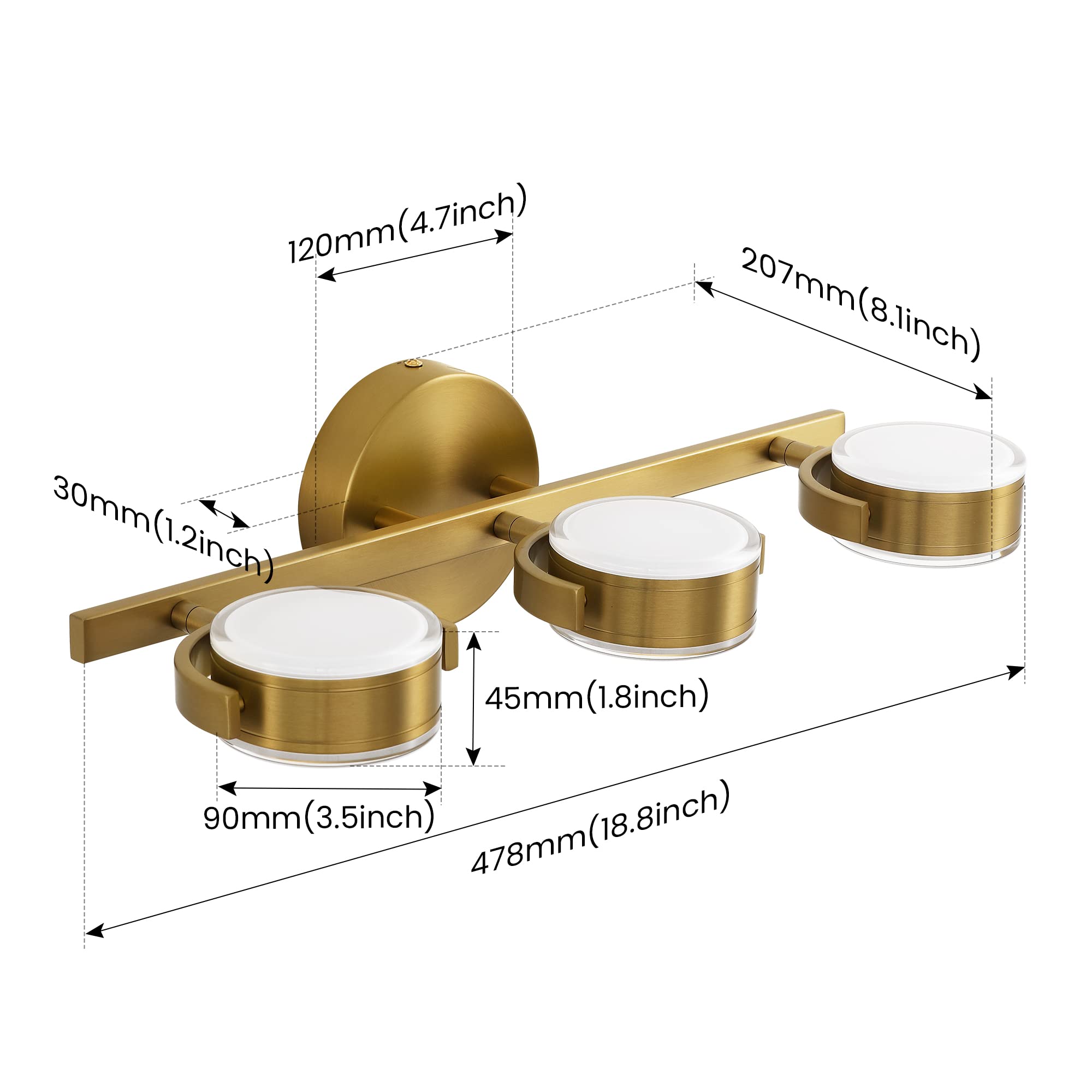 Brushed Gold 3-Light LED Vanity Mirror Lighting - 360° Rotatable 30W Dimmable Wall Mount Fixture (4000K) for Bathroom, Bedroom & Living Room | Modern Vanity Lights for Makeup, Shaving & Home Decor