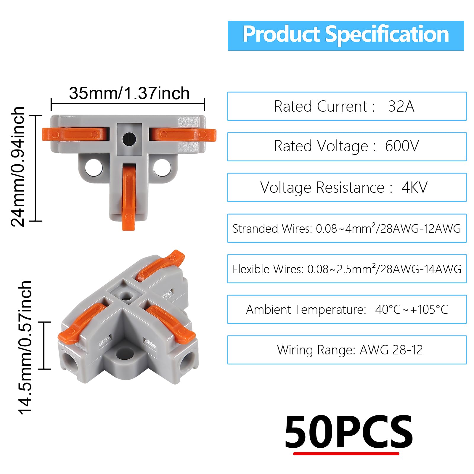 50PCS T-Shape Lever Wire Connectors - Quick Push-in Electrical Terminal Blocks for AWG 28-12 Wires | Ideal for Home Wiring, DIY Electrical Projects & Automotive Applications