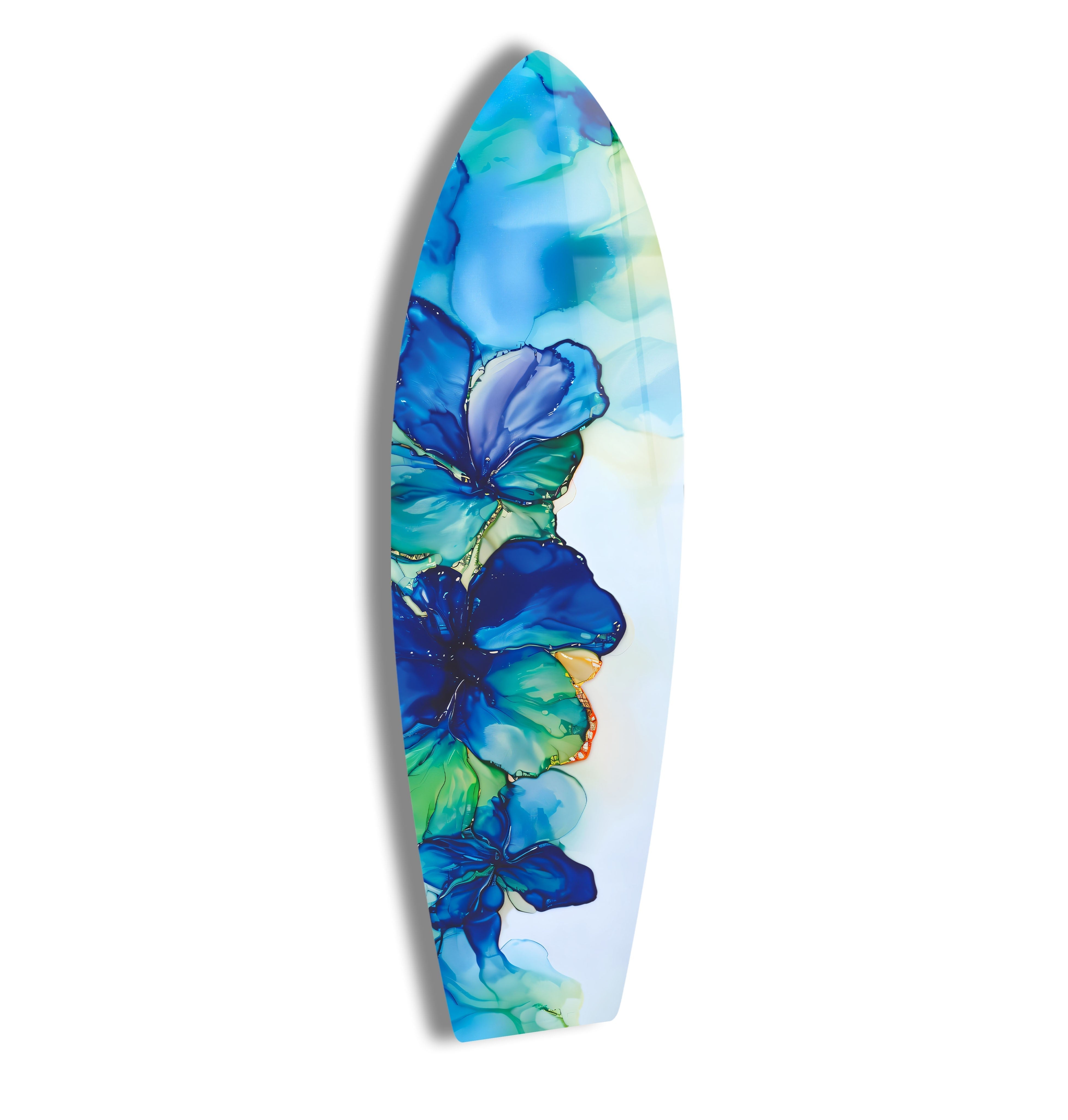 Blue Alcohol Ink Flower Surfboard Wall Art - Handmade Coastal Decor for Beach House, Living Room & Bedroom - Unique Ocean Themed Painting for Home & Office