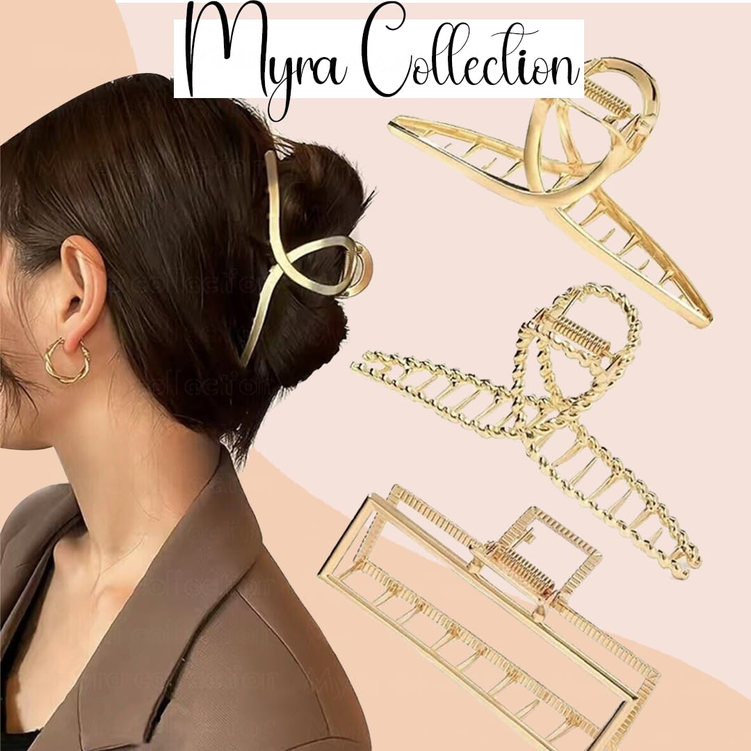 Myra Collection 3-Piece Gold Metal Hair Claw Set - Trendy Multi-Design Hair Clips for Women & Girls - Perfect for Parties, Weddings & Everyday Styling