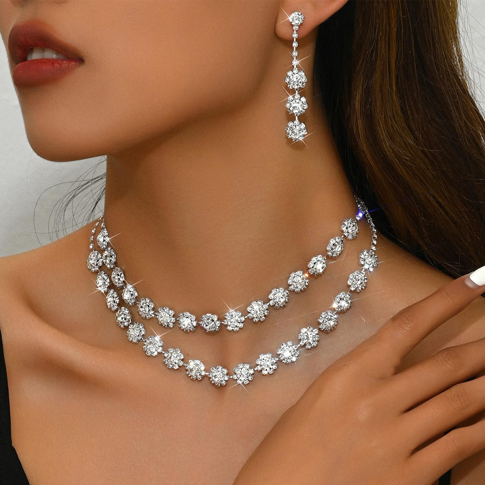 HUASAI Sterling Silver Bridal Jewelry Set - Sparkling Cubic Zirconia Necklace & Earrings for Weddings, Prom, Formal Events | Elegant Wedding Guest Jewelry for Dresses 2024 | Perfect for Bridal Showers, Anniversary Gifts & Special Occasions