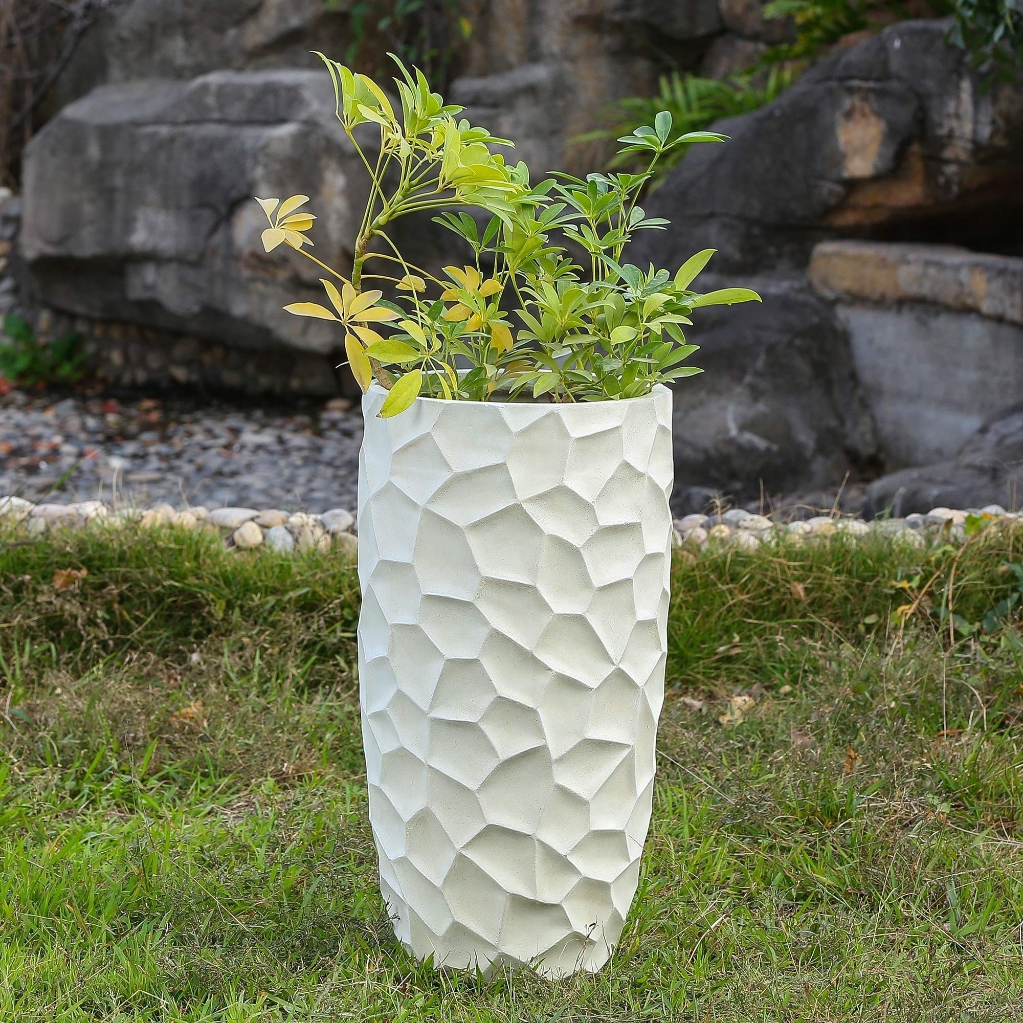 22.4 Inch Tall Modern White Wavy Fiberclay Planter - Handmade Contemporary Round Garden Pot for Indoor Plants, Outdoor Decor, and Patio Style