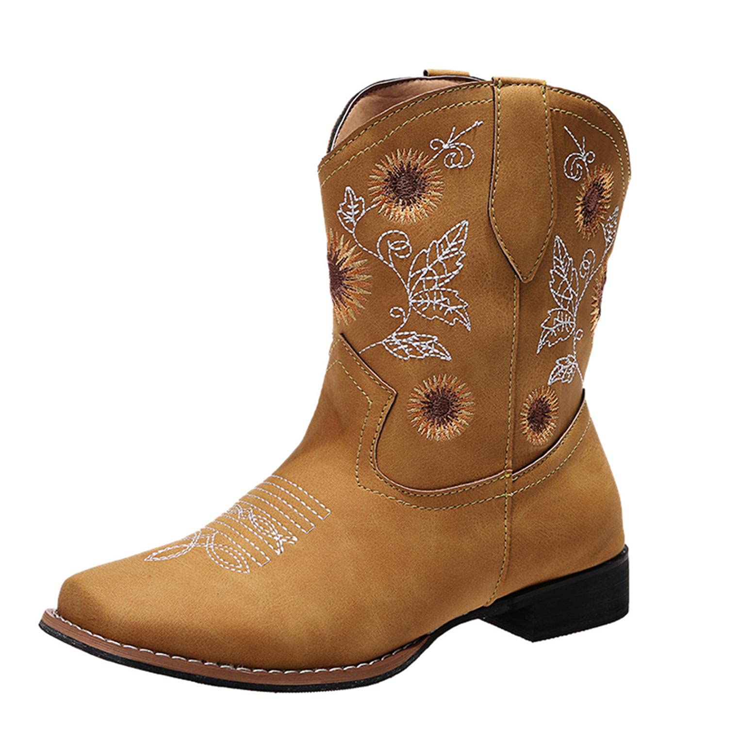 Women's Cowboy Boots Square Toe - Genuine Leather Western Cowgirl Boots with Sunflower Embroidery - Retro Ankle Boots for Country Dancing, Rodeo & Casual Wear