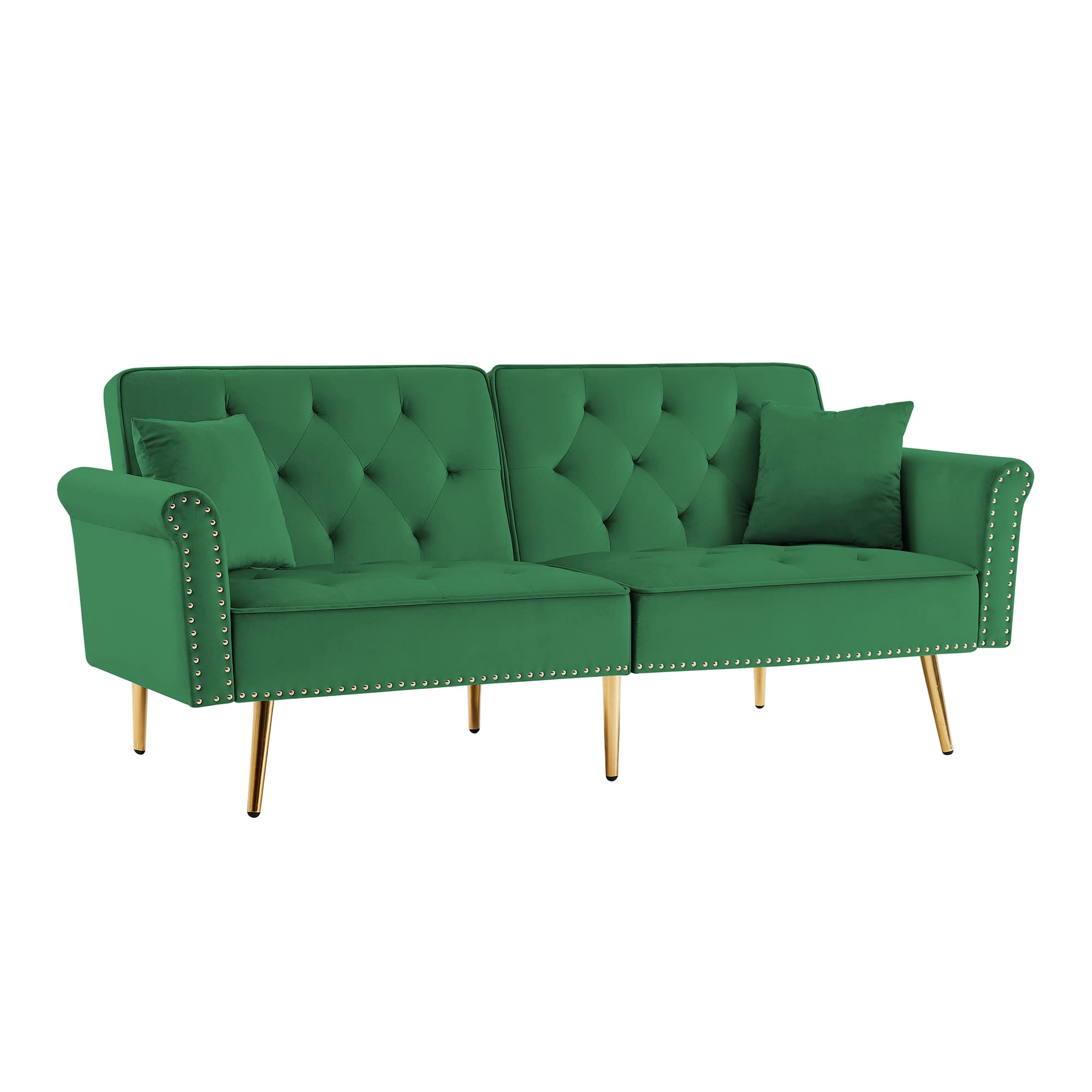 Modern Velvet Tufted Loveseat Sofa Bed with 2 Pillows & Nailhead Trim - Convertible Futon Couch with Sturdy Metal Legs for Living Room, Apartment, Dorm (Green) | Perfect for Small Spaces, Guest Rooms & Cozy Lounging