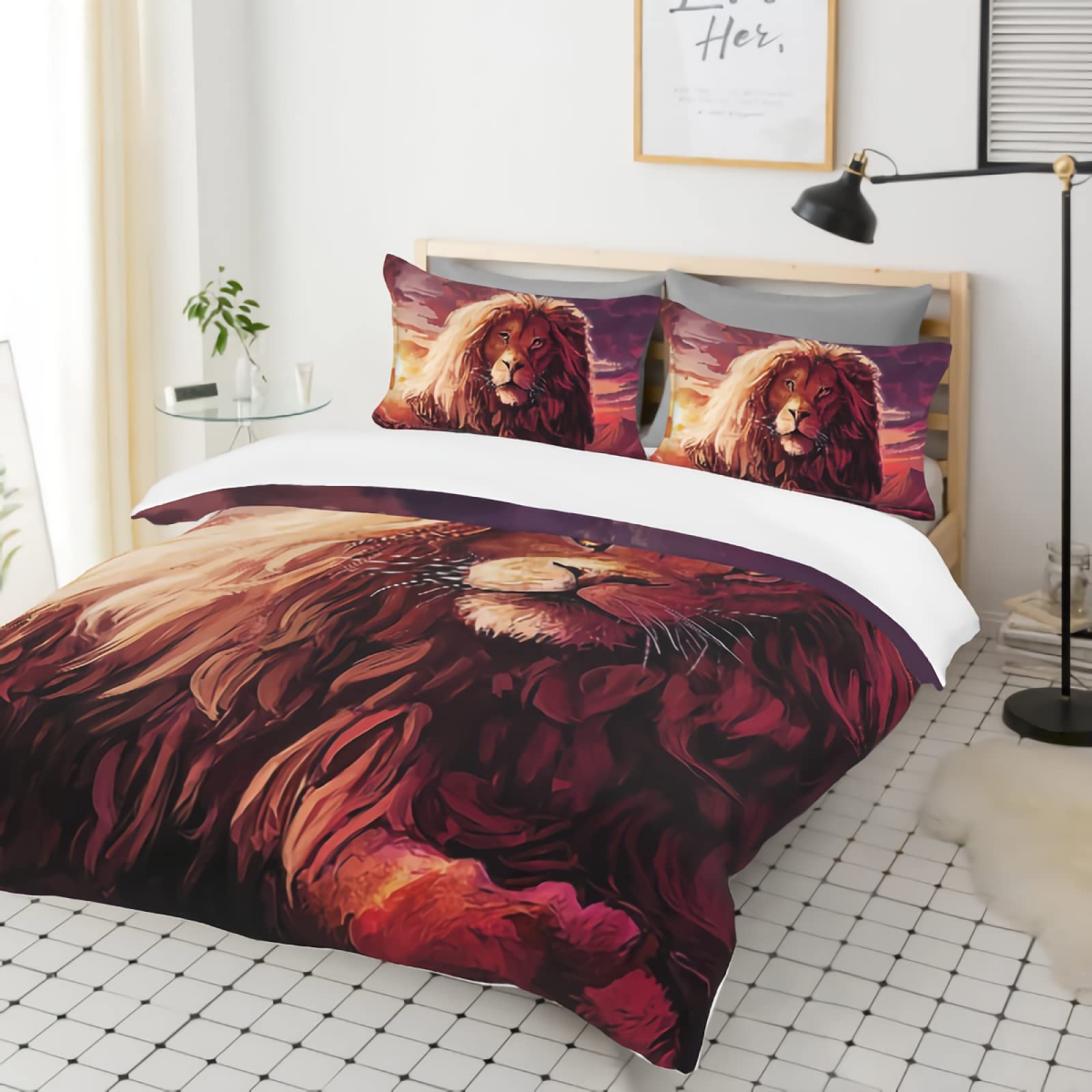 GREDBH Queen Size Lion Duvet Cover Set - 3 Piece Bedding with 2 Pillowcases | 100% Soft Microfiber Lion Head Design (Comforter Not Included) - Perfect for Kids' Rooms, Jungle Themed Bedrooms & Wildlife Lovers