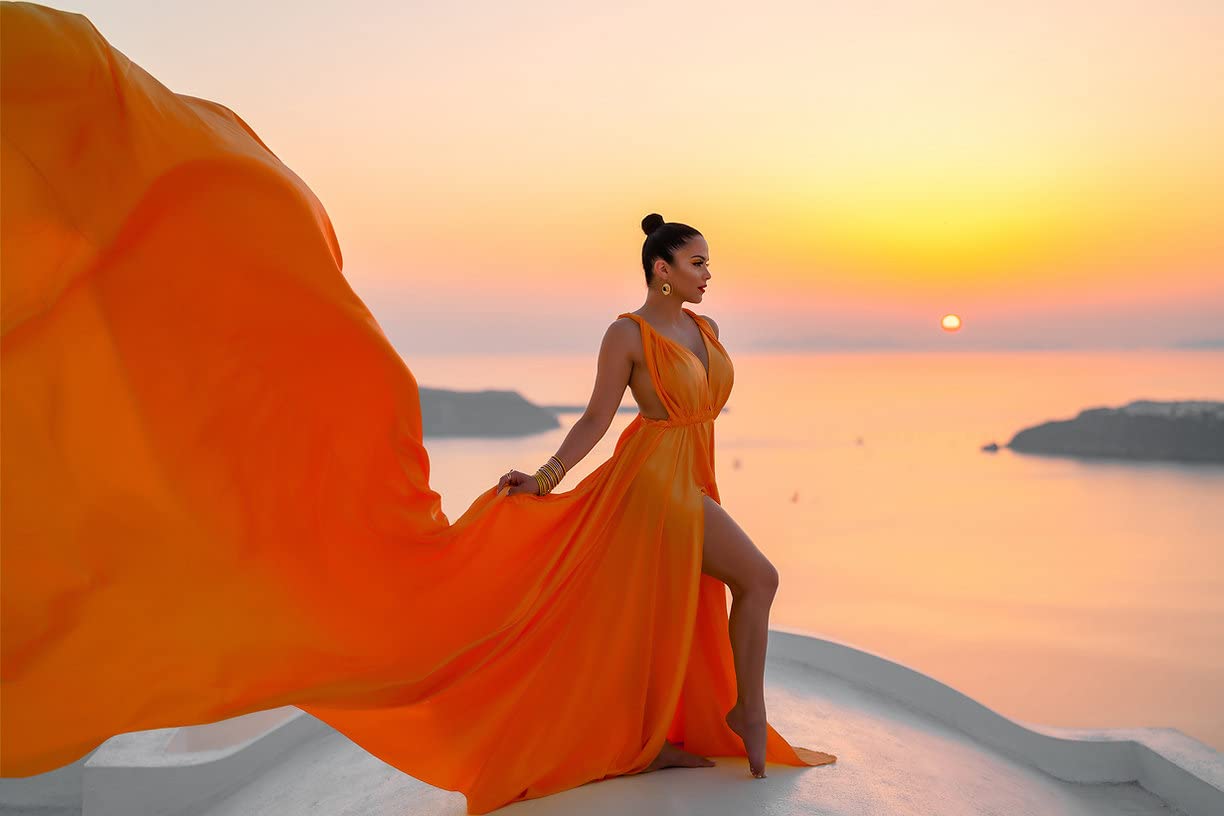 Elegant Satin Photoshoot Dress with Long Train - Flowy Flying Maxi Dress for Women | Perfect for Santorini Vacations, Beach Weddings & Boho Style Photography