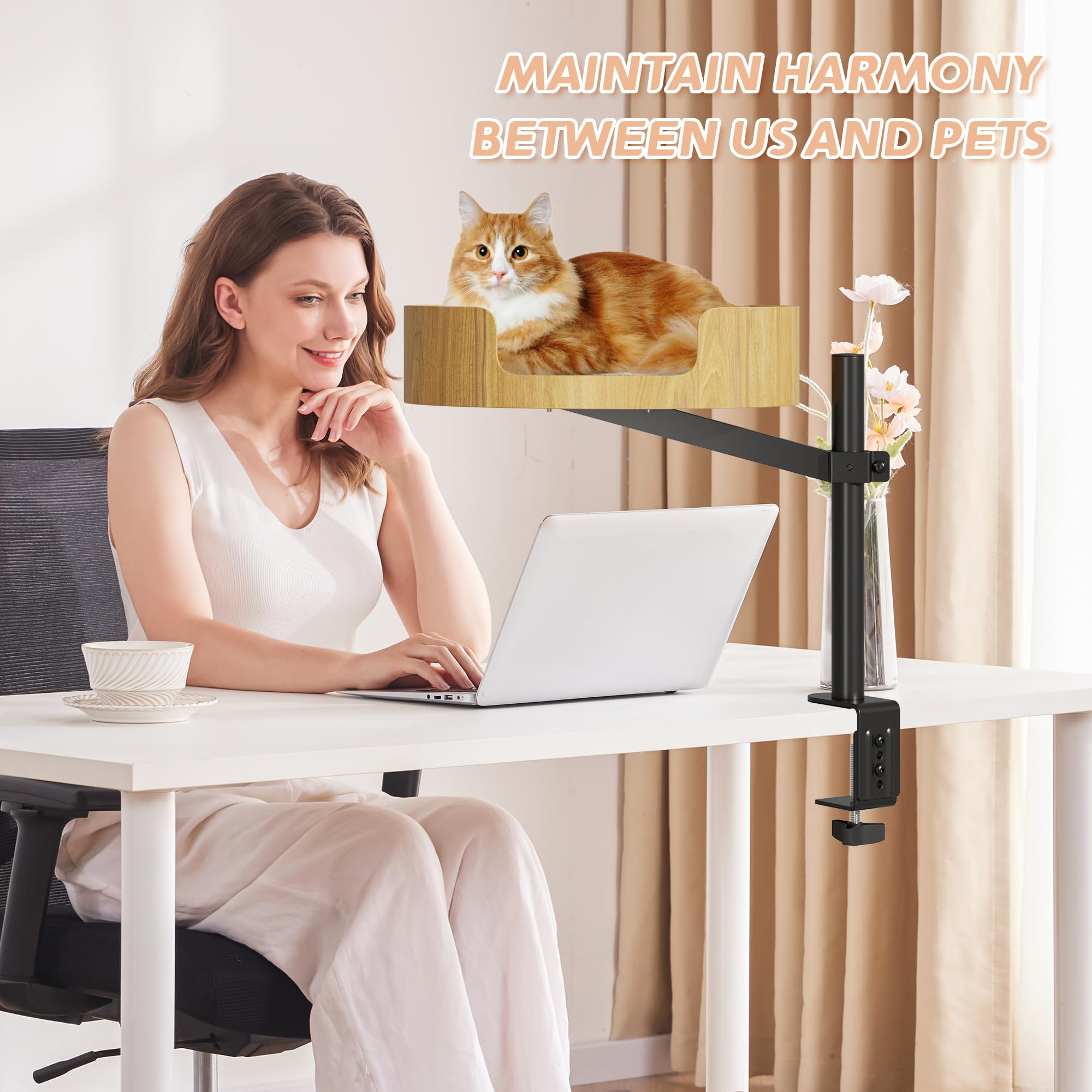 Premium Adjustable Height & 360° Rotating Wooden Cat Bed for Indoor Cats – Elevated Desk Nest for Small Spaces, Perfect for Home Office, Study, or Workstation Use