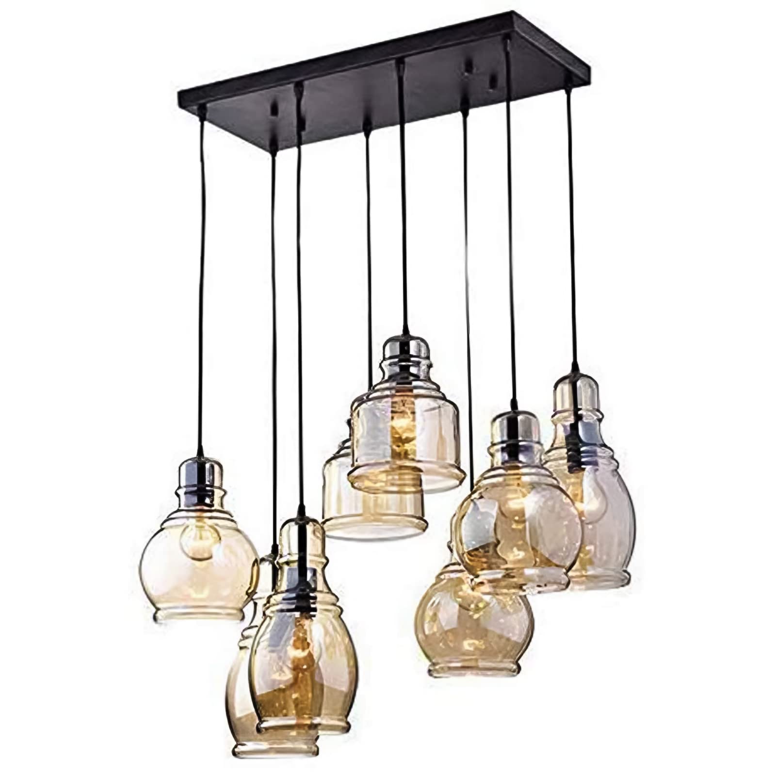 Vintage 8-Light Island Chandelier with Cognac Glass Shades - Antique Black Finish Cluster Pendant Light for Dining Room, Cafe, Bar - Perfect for Farmhouse, Industrial, and Retro Interior Decor