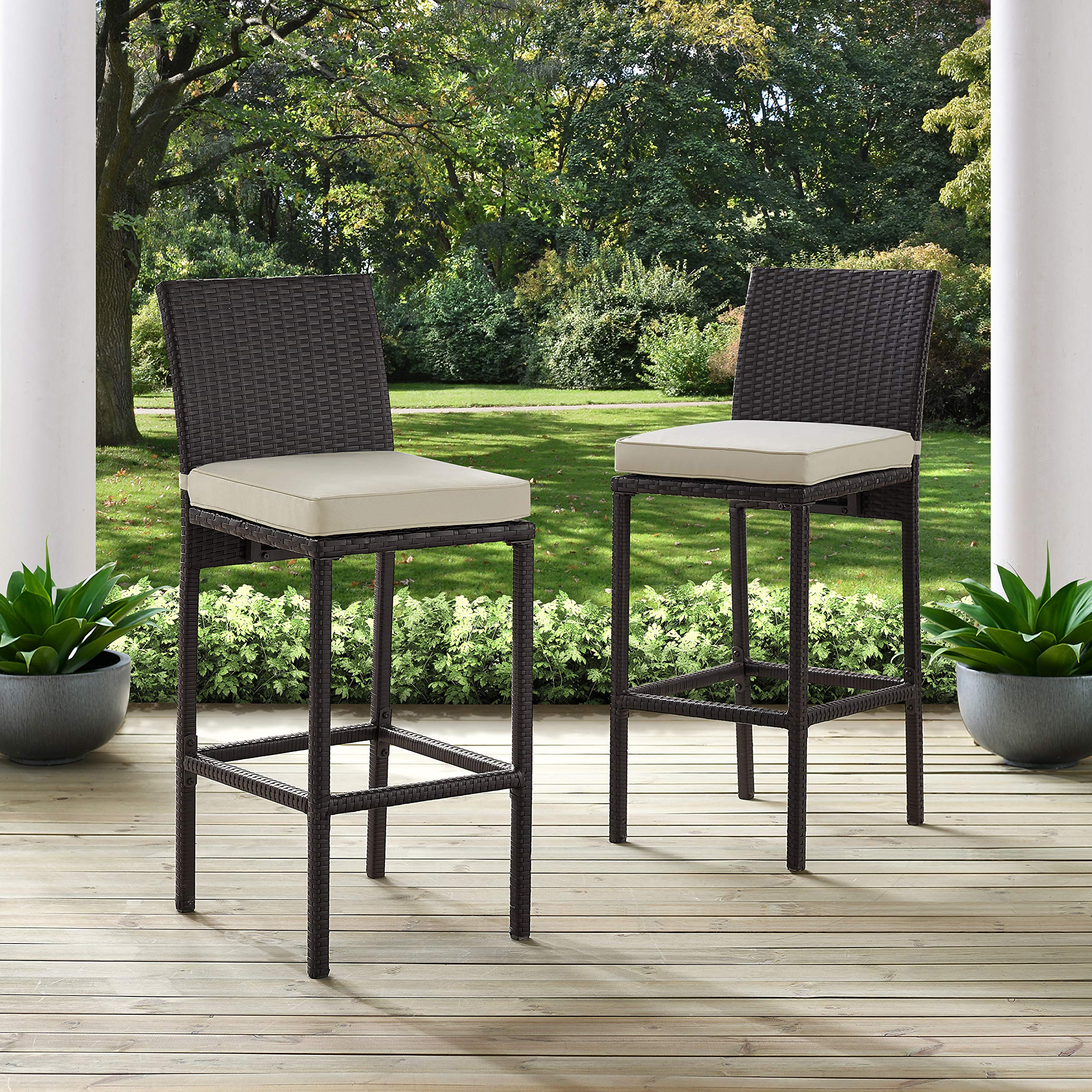 Crosley Furniture Palm Harbor Wicker Outdoor Bar Stools - Set of 2, Brown with Sand Cushion - Patio, Backyard & Balcony Furniture for Outdoor Dining, Lounging & Entertaining