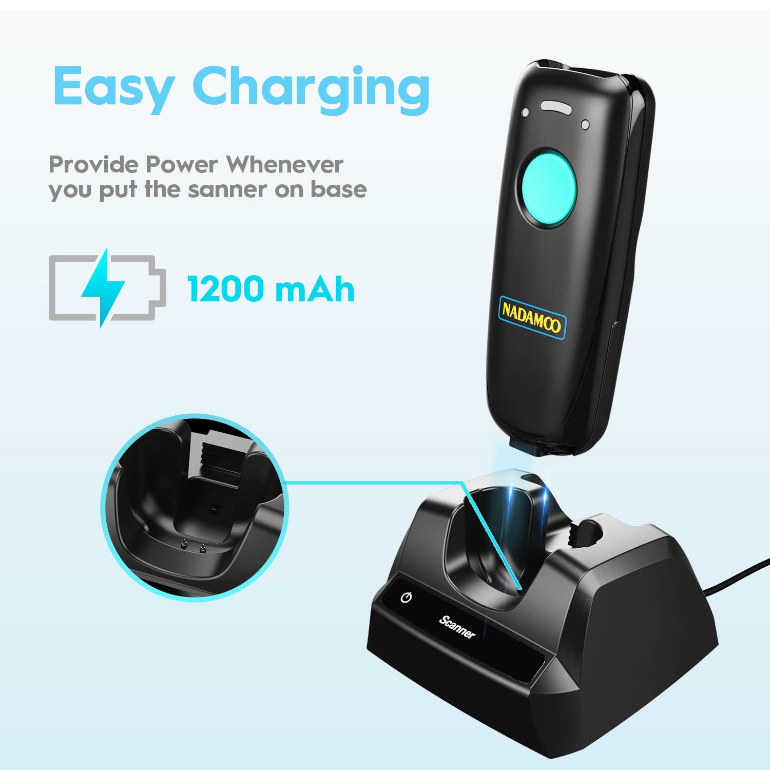 NADAMOO Wireless Bluetooth Barcode Scanner with Charging Dock - Portable USB 1D Barcode Reader for Retail, Warehouse & Inventory Management - Compatible with iPhone, iPad, Android & iOS Devices (Light Blue) - Perfect for Small Businesses, Supermarkets & Logistics