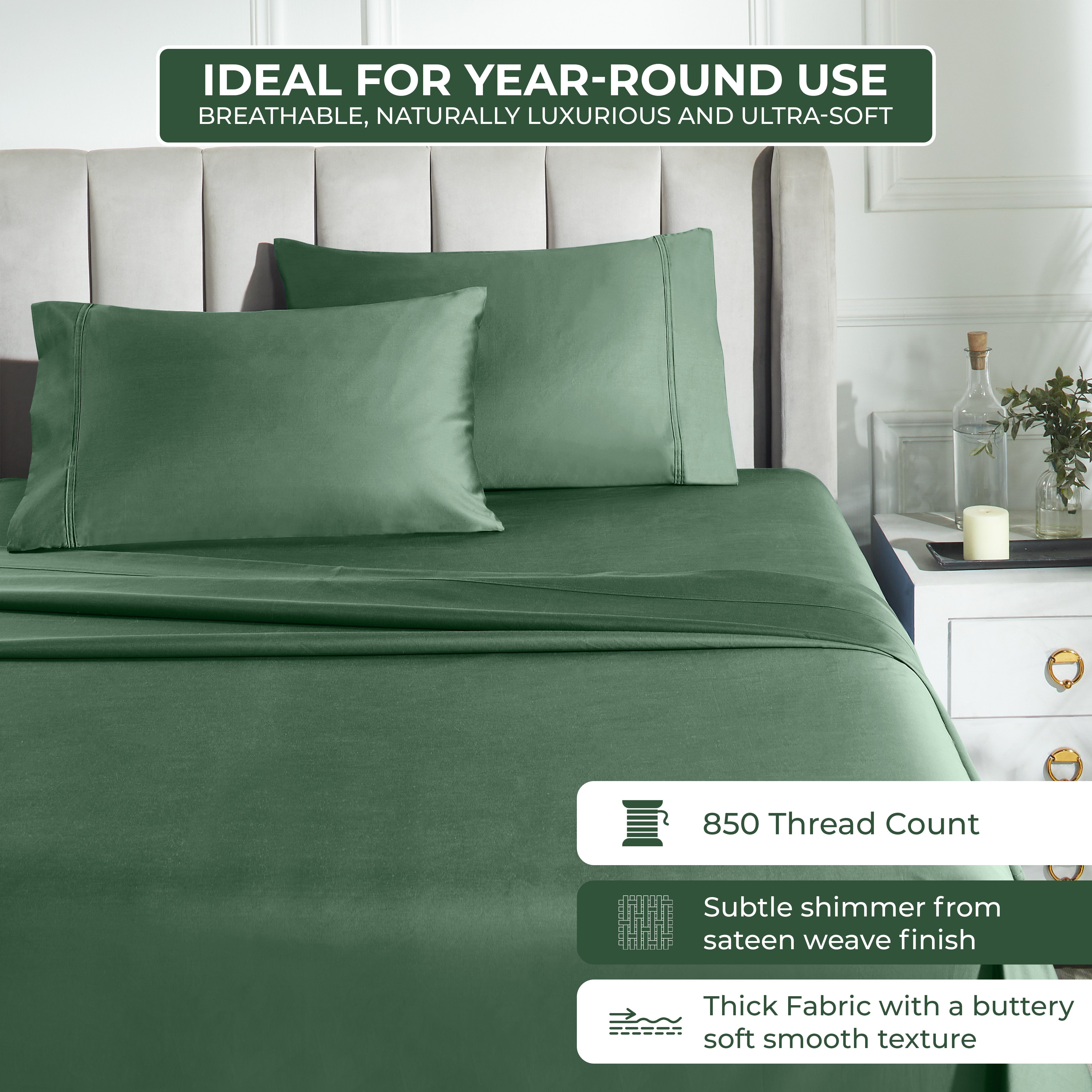 Premium 850 Thread Count 100% Cotton Solid Color Bed Sheet Set - Ultra Soft & Breathable for Comfortable Sleep - Perfect for Master Bedroom, Guest Room & Luxury Hotels