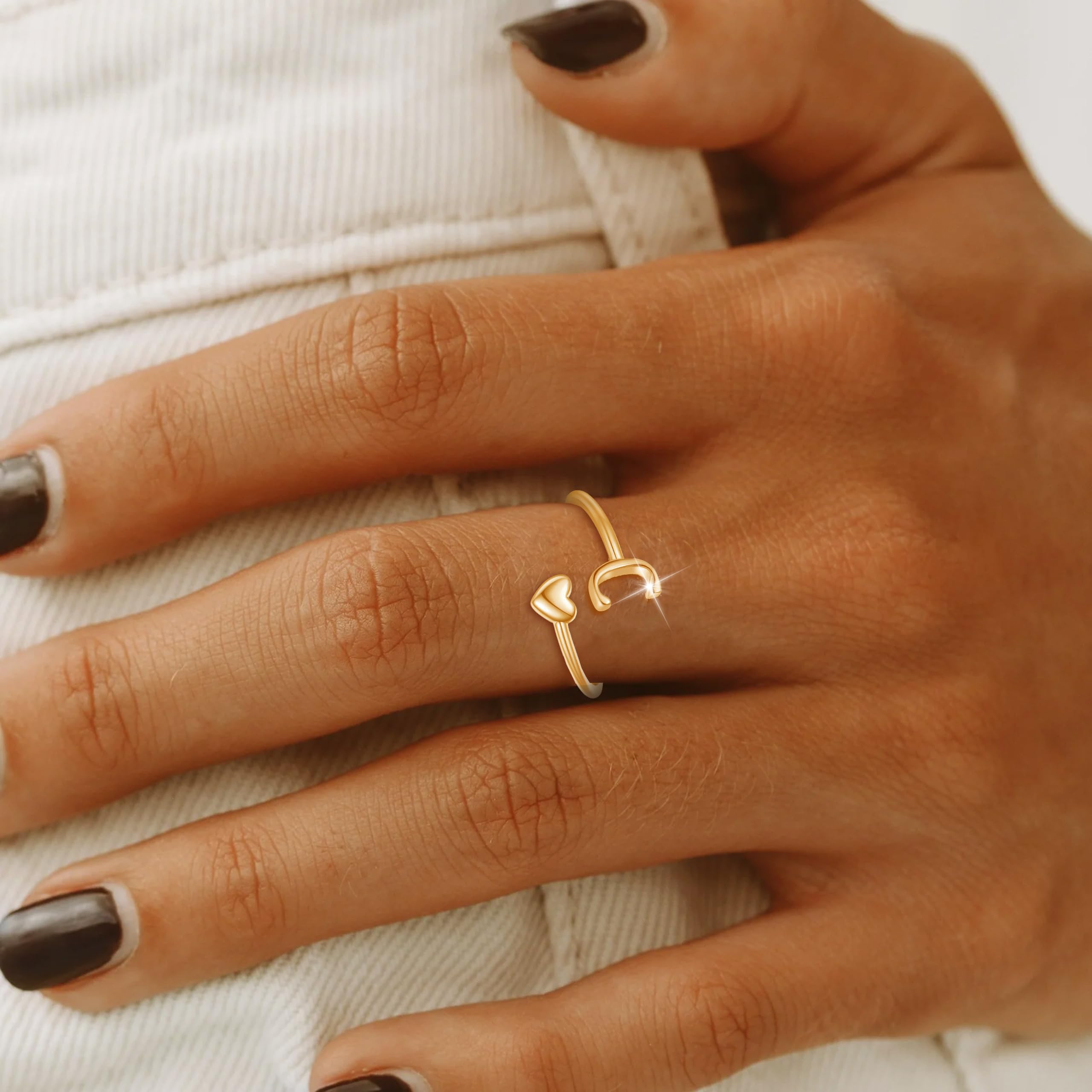 Personalized Gold Initial Rings for Women - Non-Tarnish Adjustable Heart Letter Rings, Stackable Alphabet Pinky Rings - Trendy Birthday Jewelry Gifts for Her - Perfect for Everyday Wear, Stacking, and Personalized Gift Giving