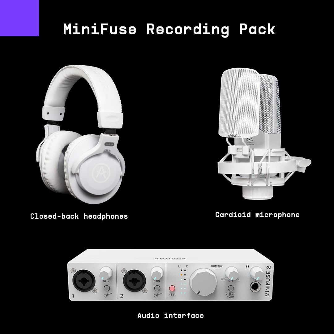 Arturia MiniFuse Recording Pack - USB Audio Interface Bundle with Condenser Mic, Studio Headphones & Music Software for Home Recording, Live Streaming, Podcasting & Music Production | Perfect for YouTubers, Gamers & Musicians
