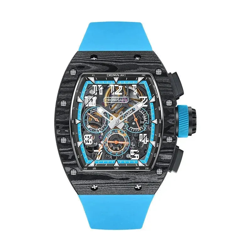 CRONUSART Men's Automatic Chronograph Watch - 50mm Tonneau Mechanical Wristwatch with Carbon Fiber Case, Luminous Hands, and Fluororubber Strap - Perfect for Sports, Outdoor Activities & Casual Wear