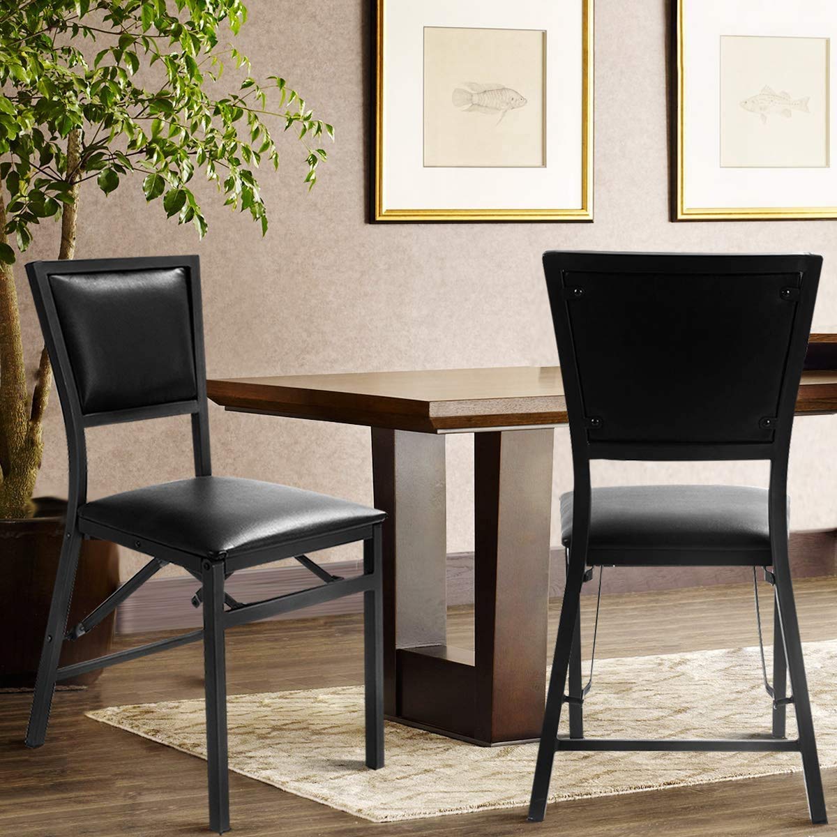LDAILY Set of 2 Folding Chairs with Cushions - Metal Frame Mocha Kitchen Dining Chairs with Padded Seat & Backrest - Perfect for Home, Office, Restaurant, Outdoor, Camping, Picnic & Patio Use - Black
