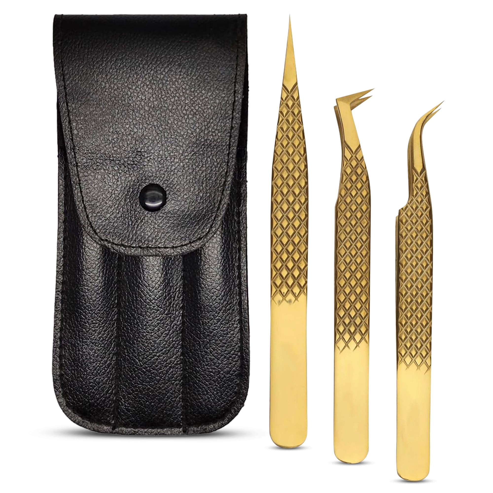 3 PCS Professional Stainless Steel Eyelash Extension Tweezers Set - Volume, Classic & Pointed Lash Tweezers for Perfect Lash Extensions | Premium Lash Tools for Salon & Home Use | Durable Gold Finish (Great for Beginners & Professionals)