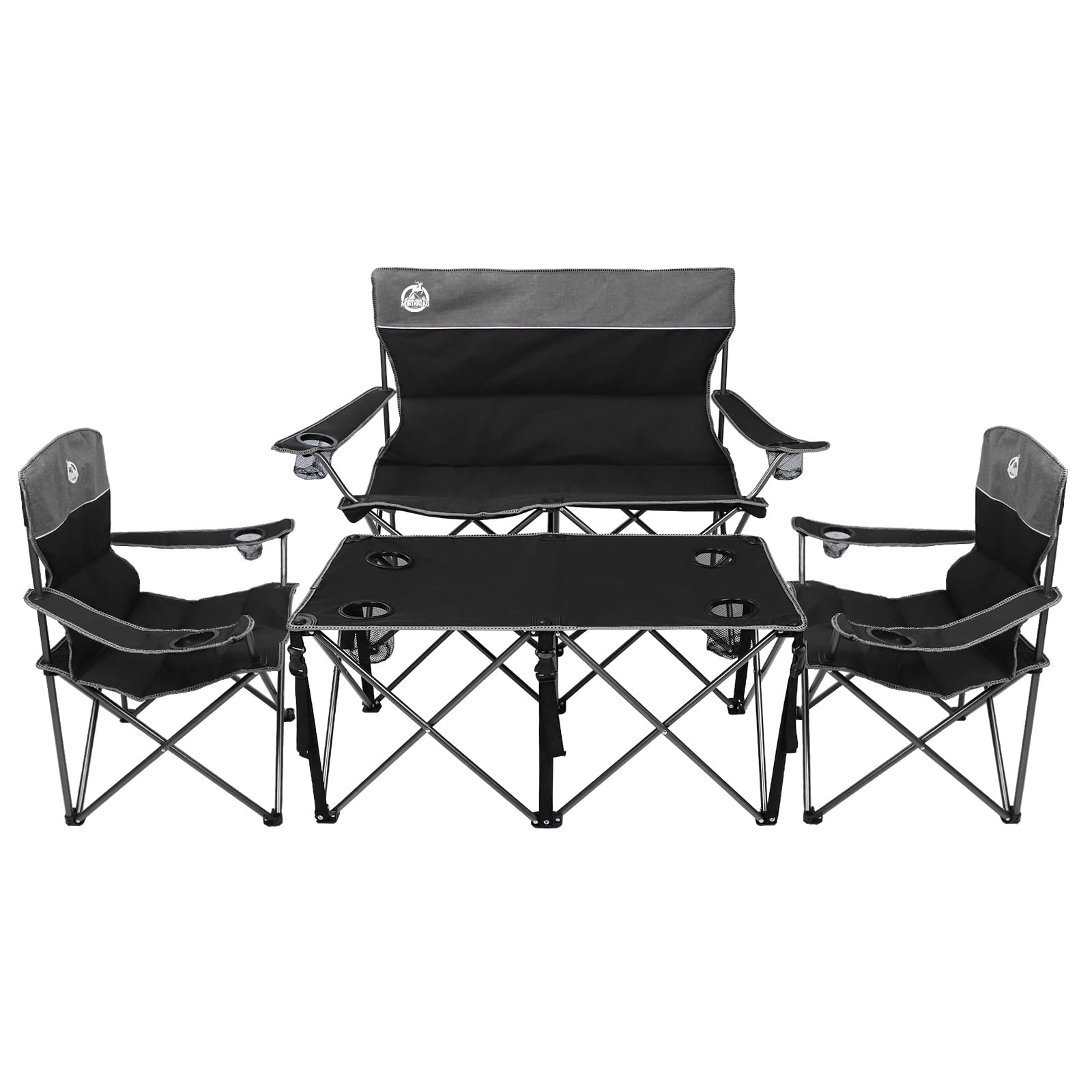 Northroad 4-Piece Outdoor Folding Camping Chair Set with Padded Seating - Includes 1 Loveseat, 2 Single Chairs & Portable Table - Compact Collapsible Design with Carry Bag - Perfect for Patio, Backyard, Beach, Picnics & Camping Trips (Black)
