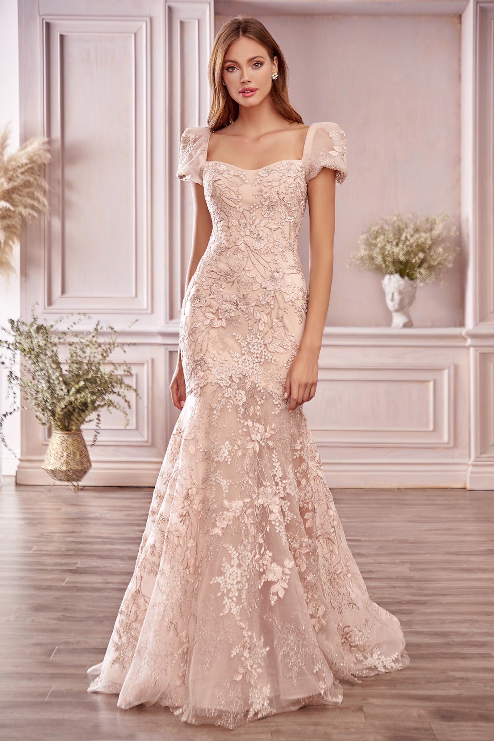 Andrea & Leo Blossom Lace Puff Sleeve Gown A1025 - Elegant Floral Lace Evening Dress for Women, Perfect for Weddings, Prom & Special Occasions