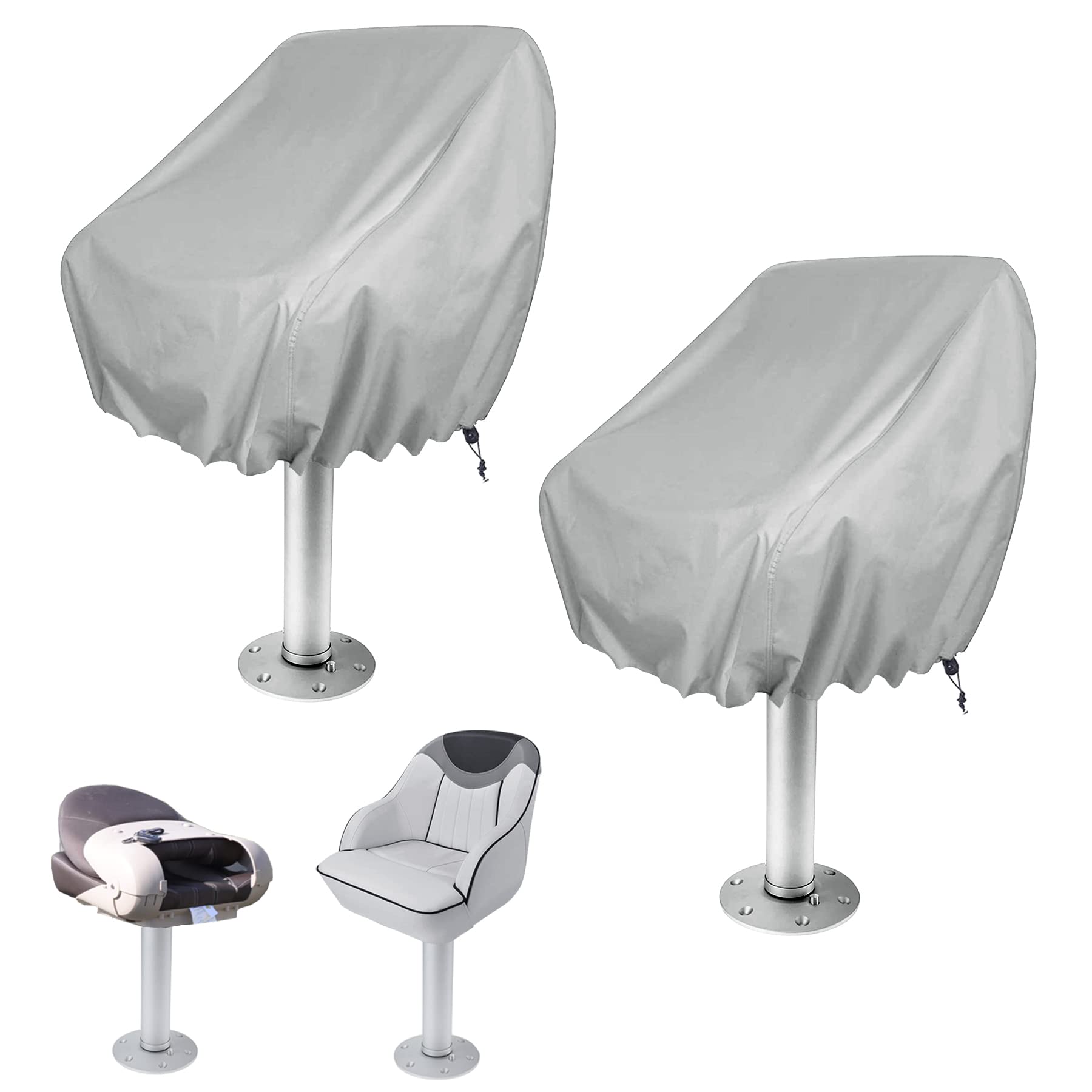 WOMACO 2 Pack Waterproof Boat Seat Covers - Heavy Duty Oxford Fabric for Pontoon, Bench & Helm Chairs - UV Resistant & Weatherproof (Silver) - Perfect for Fishing, Boating & Marine Use