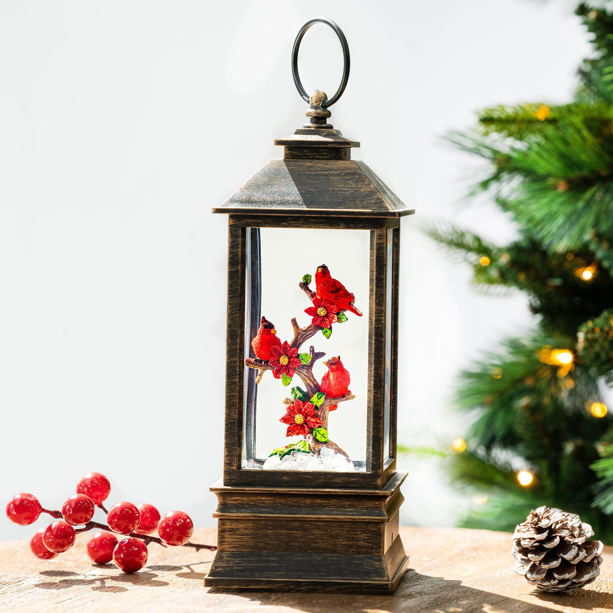 Christmas Snow Globe Lantern with Cardinal - Musical 6H Timer USB/Battery Operated Lighted Decor for Home, Holiday & Festival - Perfect for Christmas Tree Decorations, Gift Giving & Winter Home Accents