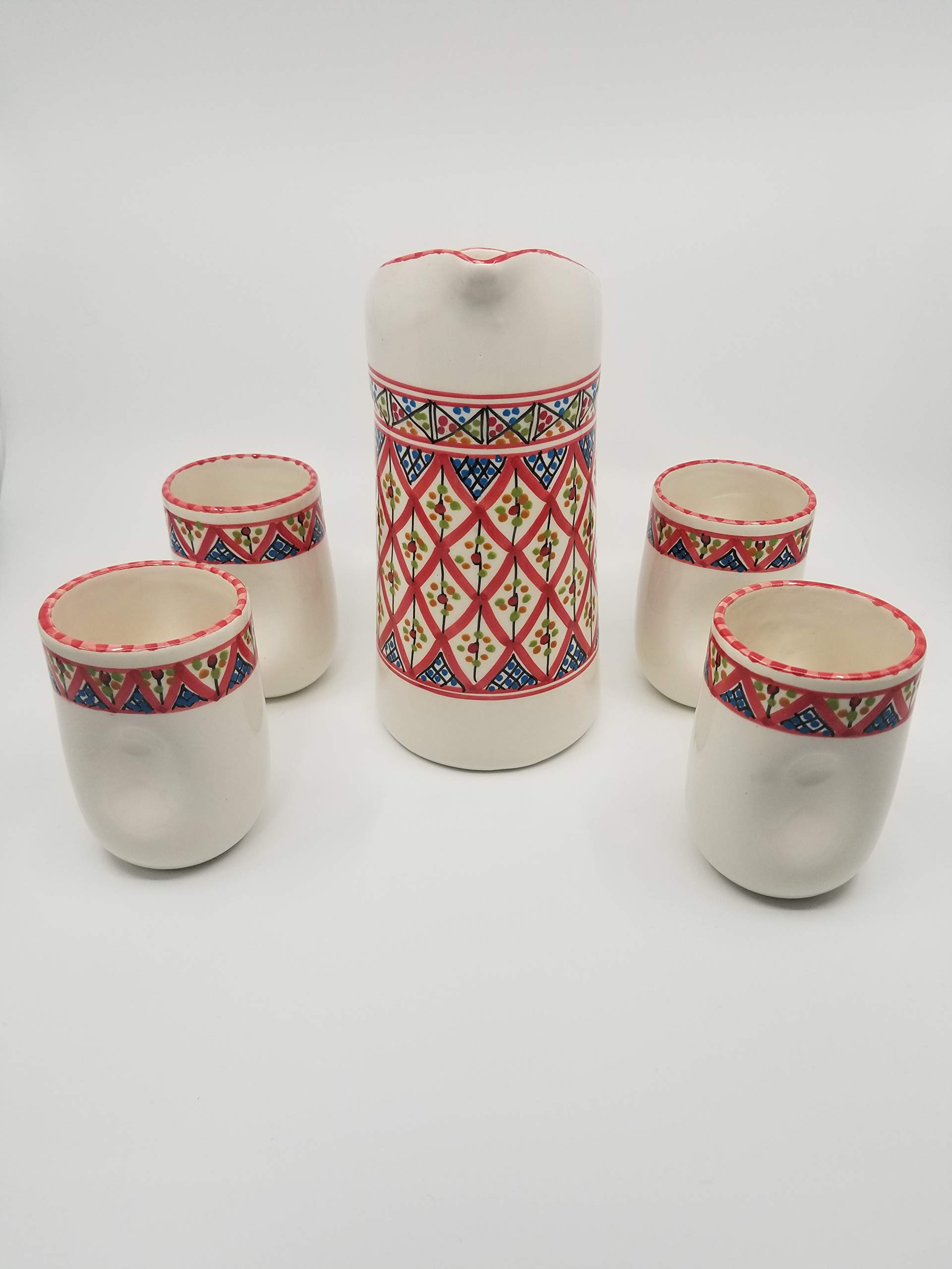 Handmade Moroccan Ceramic Coffee Mug and Pitcher Set - Red Kamsah Porcelain Tea Pot & Juice Jug - Perfect for Coffee, Tea, and Beverage Serving at Home or Cafe