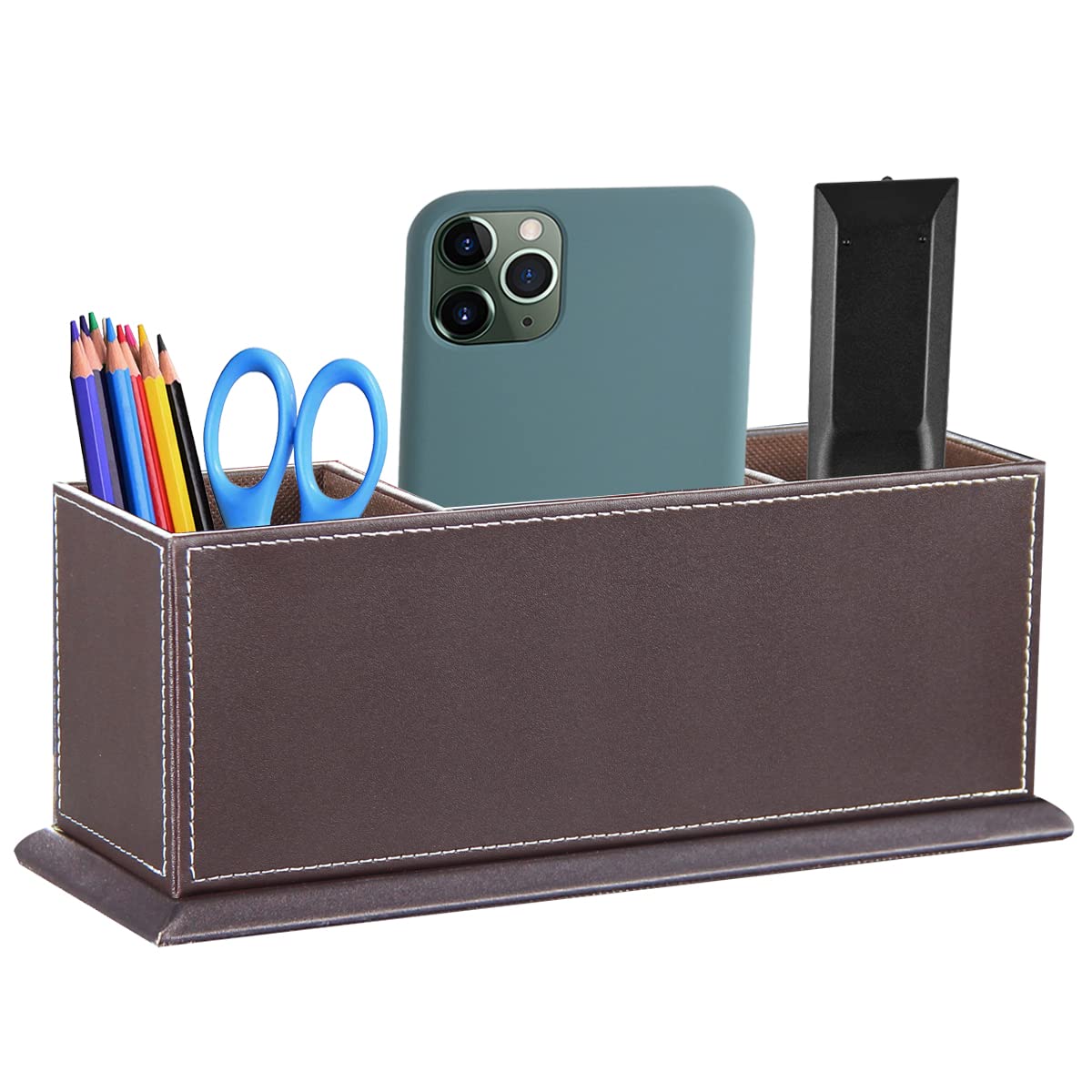 PUSU PU Leather Desk Pencil Holder - 4 Compartment Multifunctional Desk Organizer for Pens, Pencils, Business Cards & Phone - Executive Office Desk Accessories for Home & Office Workspace Organization