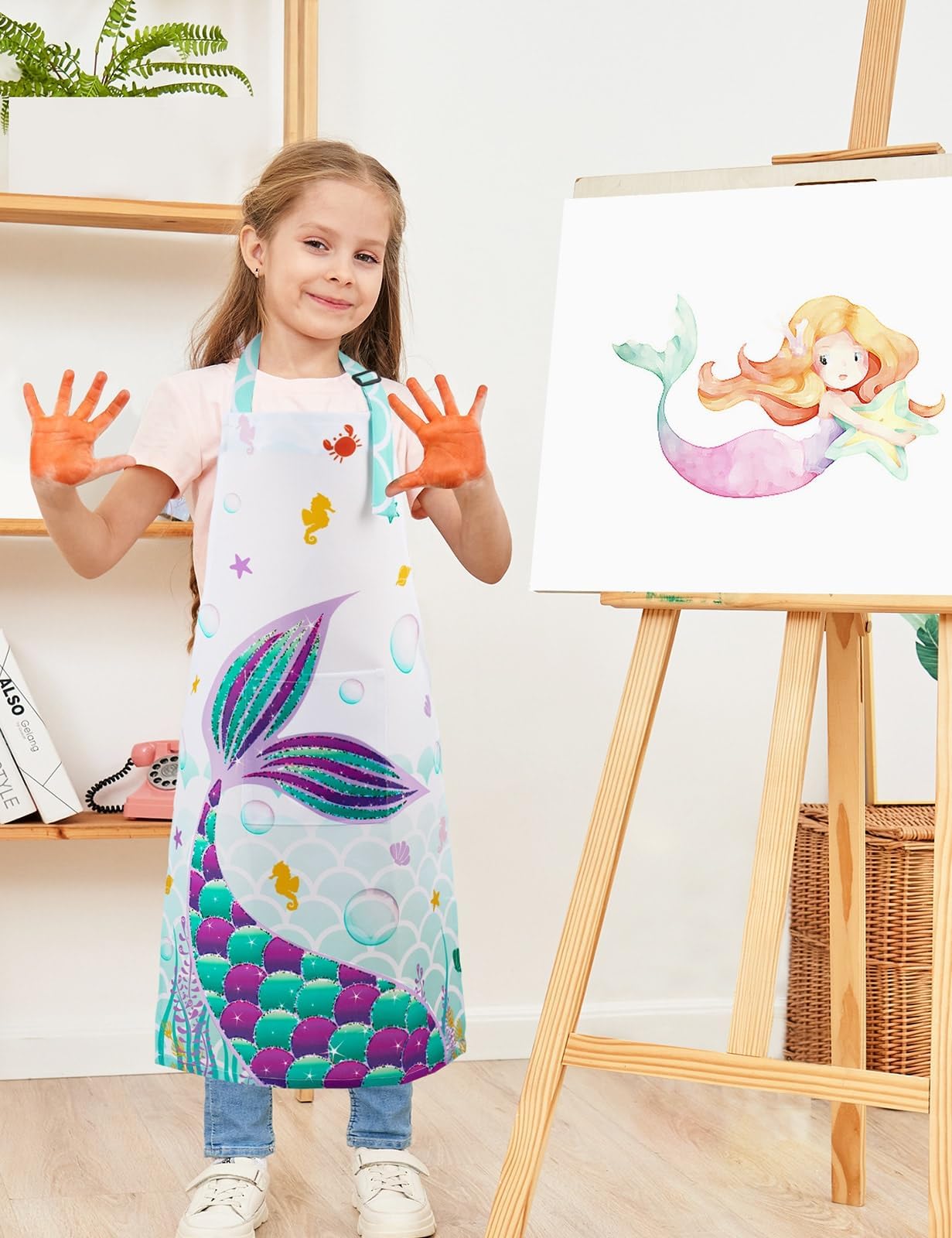 WERNNSAI Kids Aprons Chef Hat Set - 3-Piece Art & Cooking Apron for Boys & Girls - Waterproof Painting Smock for Cooking, Gardening, Baking & Arts & Crafts - Perfect for Kitchen Play, DIY Projects & Preschool Activities