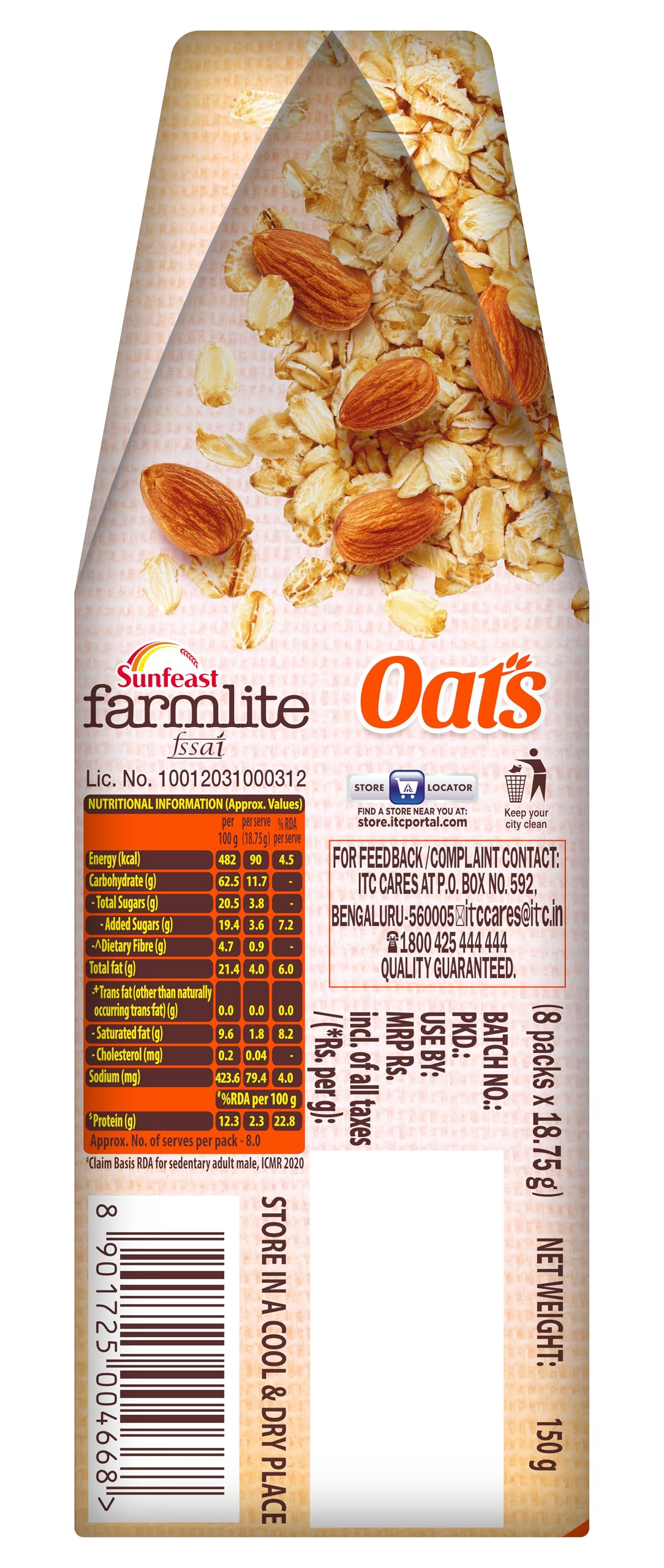 Sunfeast Farmlite Oats & Almonds Healthy Breakfast Cereal - 150g Pack | High Fiber Snack for Weight Loss, Energy Boost | Perfect for Office, Gym & On-the-Go Nutrition