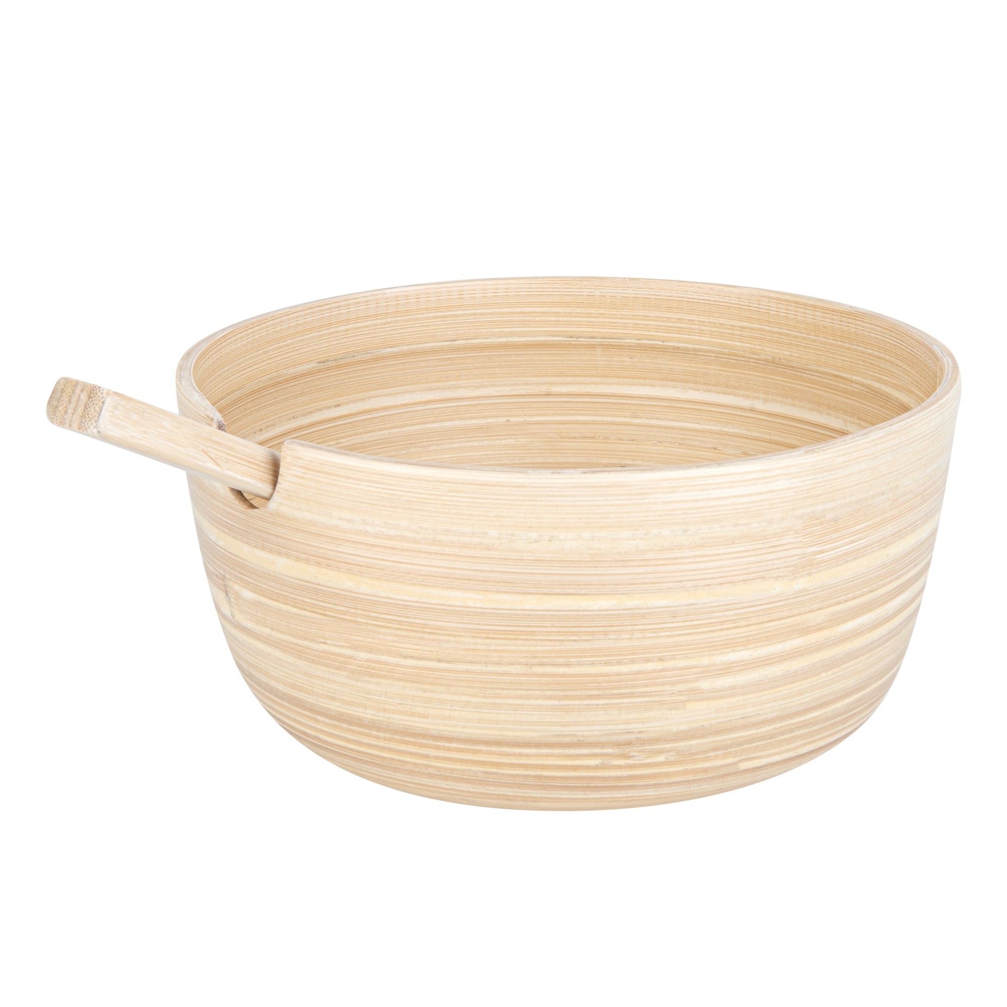 Bambuddha 25 oz Round Natural Spun Bamboo Serving Bowl with Serving Spoon - 7.75